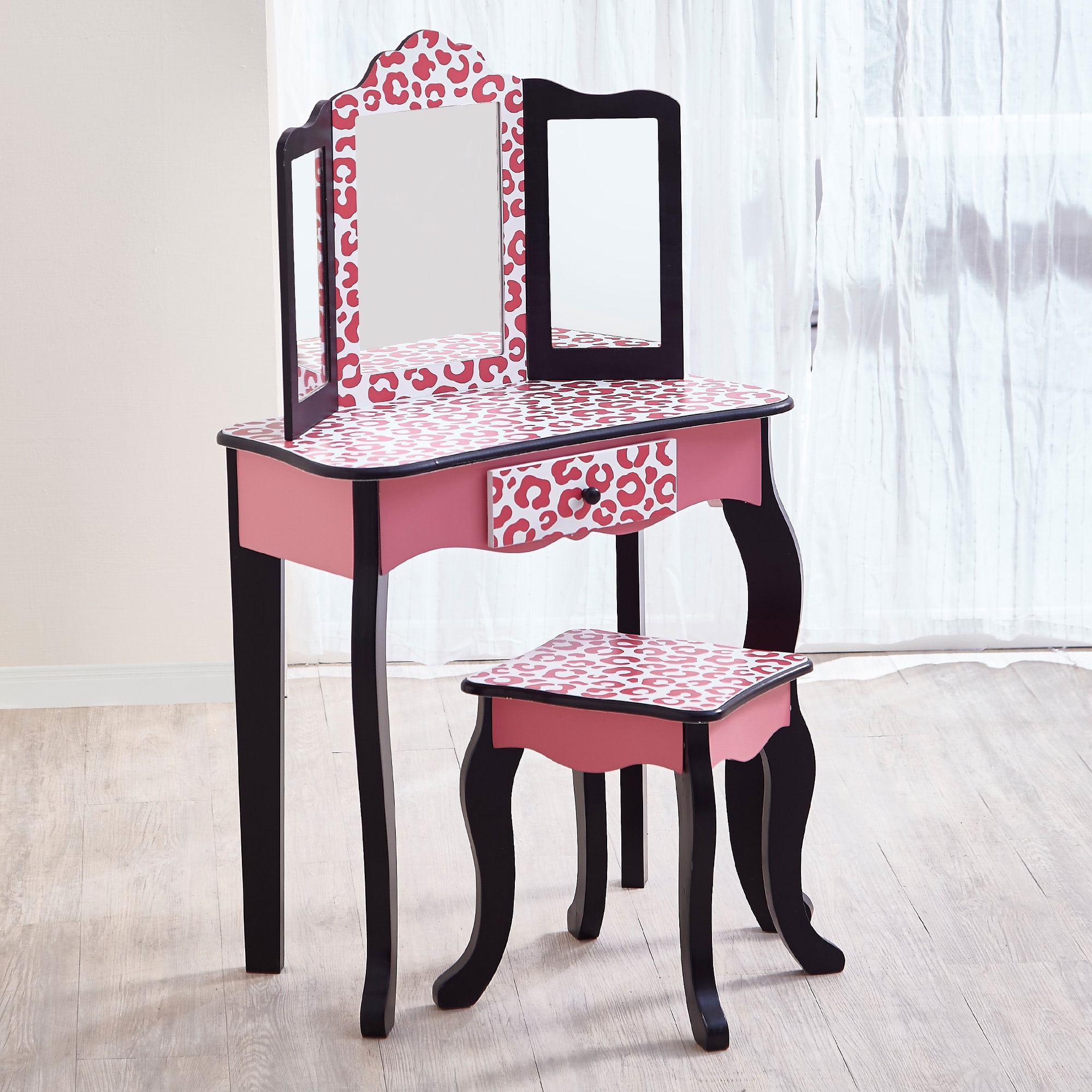 Fantasy Fields Kids Vanity Table Set with Mirror and Stool – Gisele Leopard Print, Black and Pink