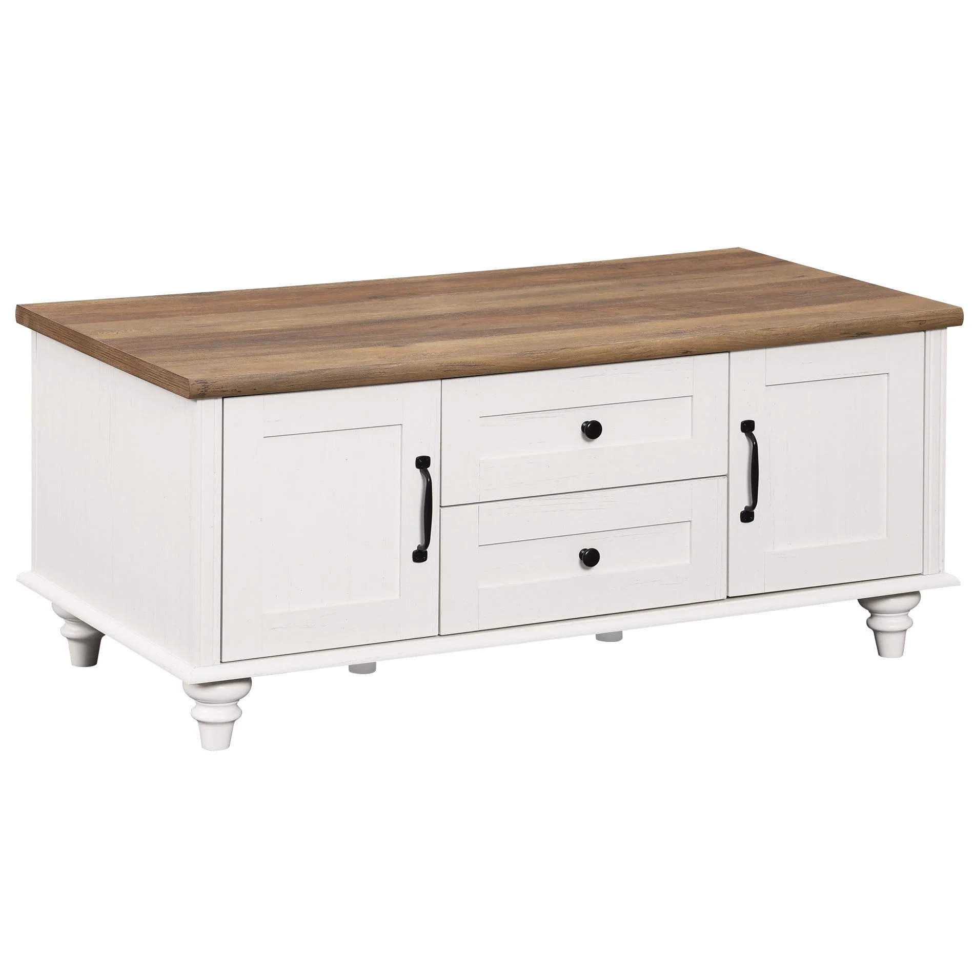 Farmhouse Coffee Table with Storage Cabinet & Drawer, White Center Table for Living Room