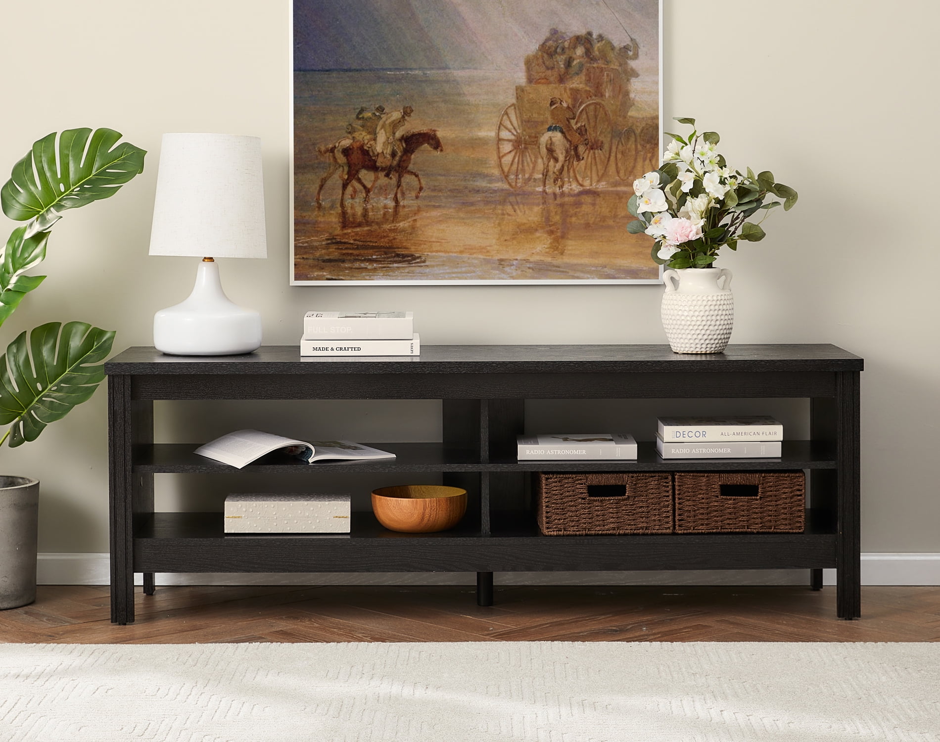 Farmhouse TV Stand for 65 60 Inch TV, Wood TV Media Console for 55 inch TV with 4 Cubby for Living Room Bedroom, Black