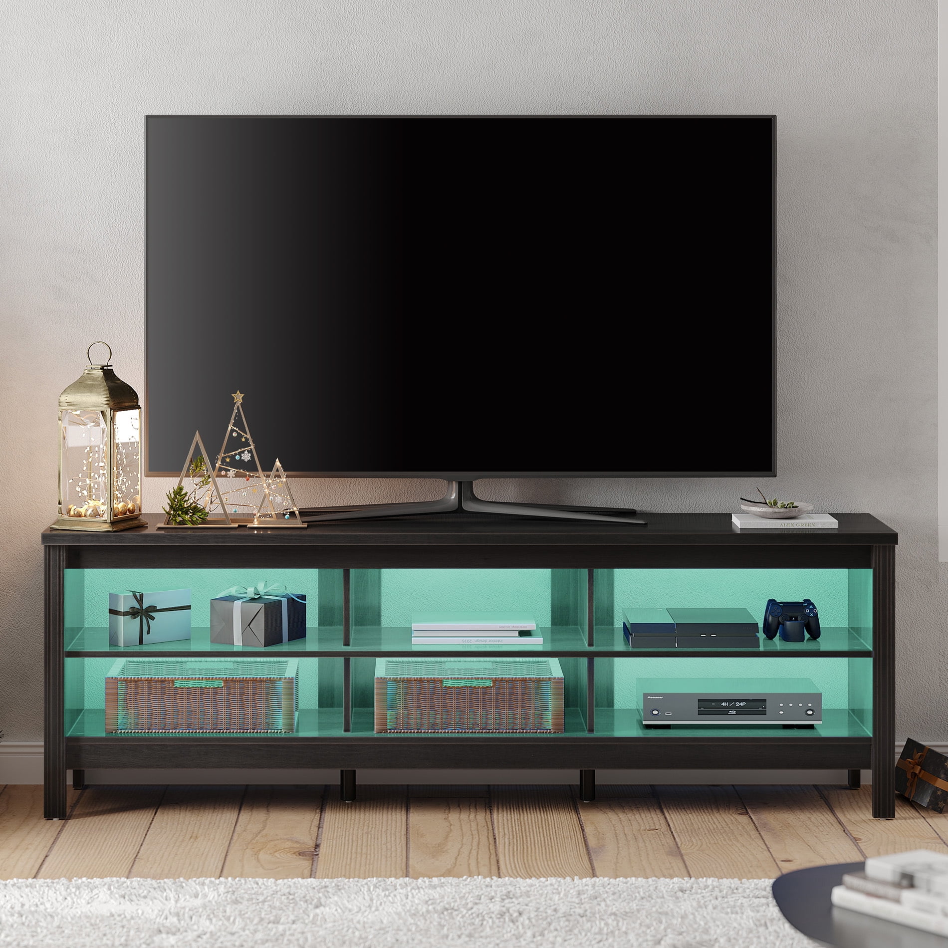 Farmhouse TV Stand for 75 inch TV with 6 Cubby for Living Room, Espresso TV Console for Bedroom, 70 inch