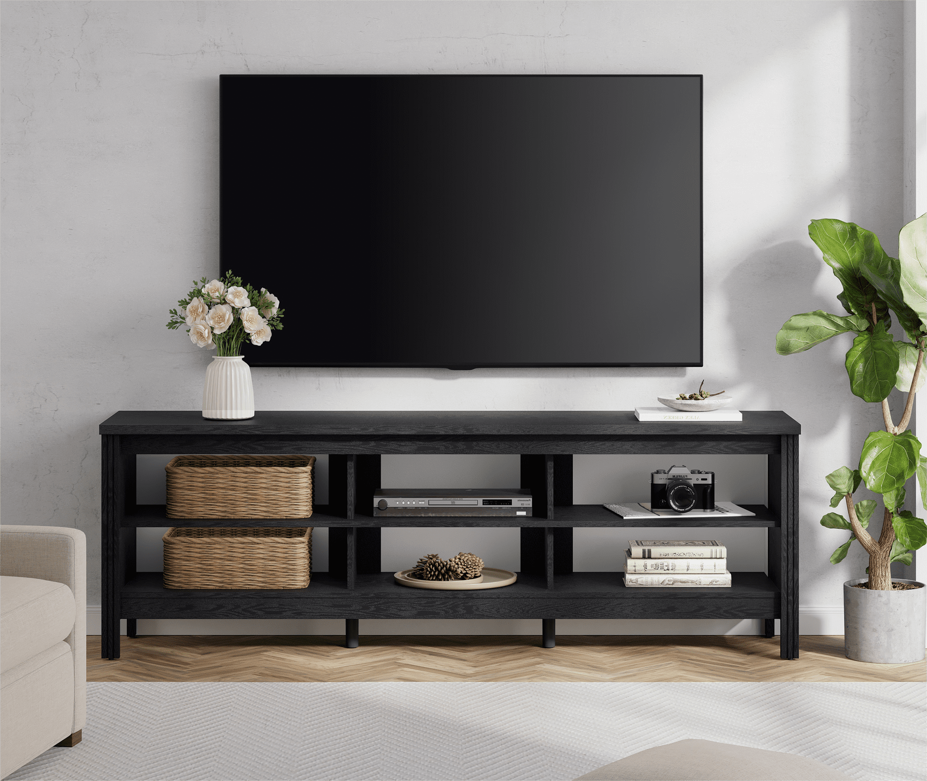 Farmhouse TV Stand for 75 inch TV, Black Entertainment Center with 6 Storage for Living Room, Bedroom, 70 Inch