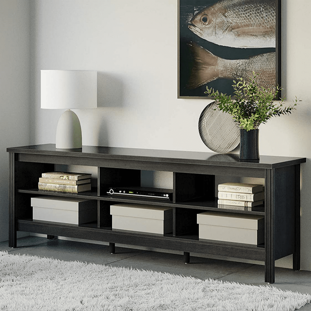 Farmhouse TV Stand for 75 inch TV, Black Entertainment Center with 6 Storage for Living Room, Bedroom