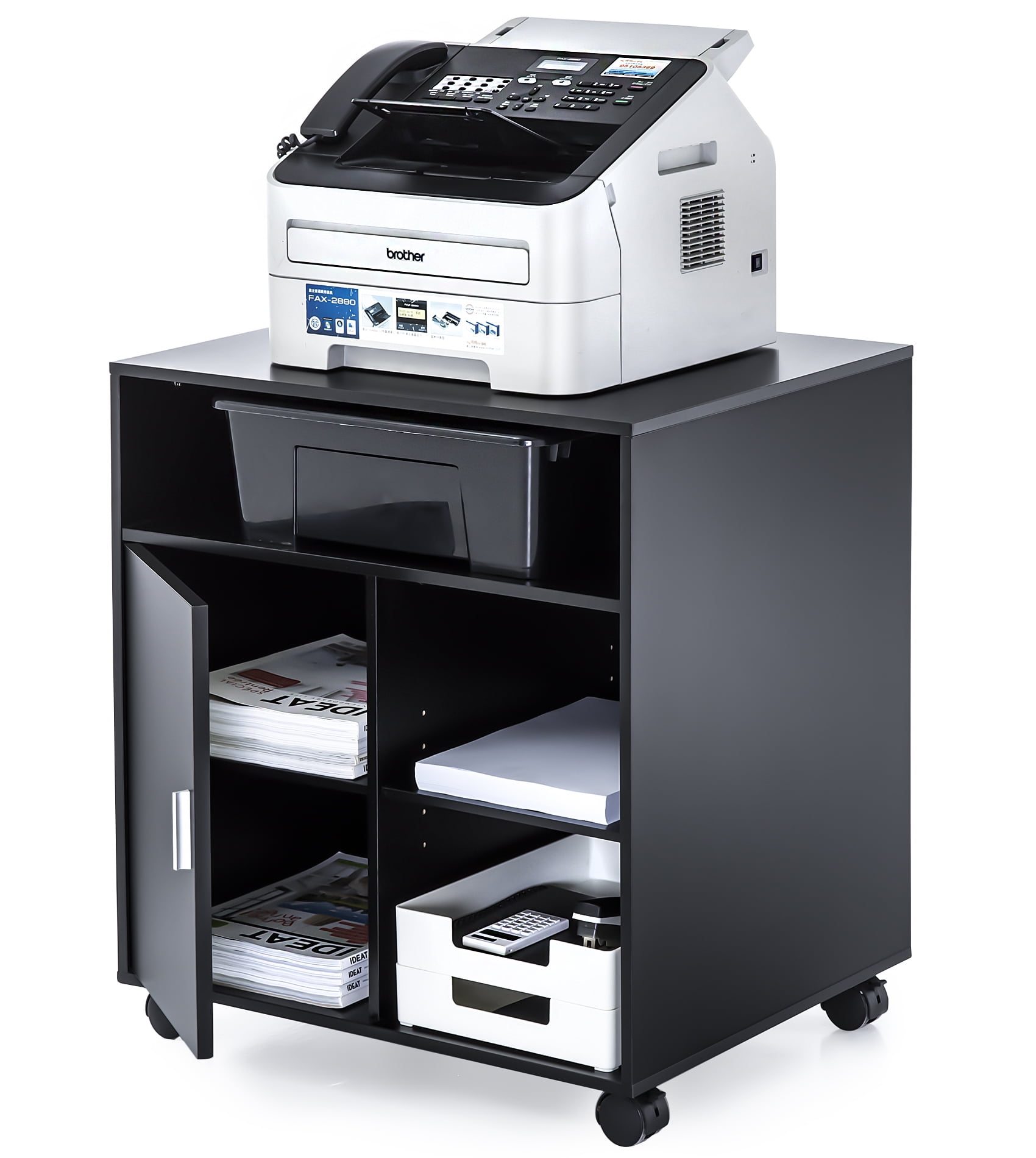 FITUEYES Printer Stand with Storage Adjustable Shelves, Wood Mobile Cart with Door, Rolling File Cabinet on Wheels for Home Office, Black