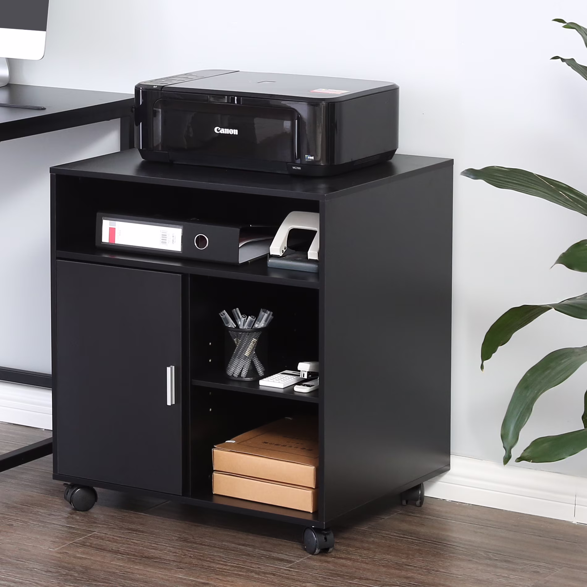 FITUEYES Printer Stand with Storage Adjustable Shelves, Wood Mobile Cart with Door, Rolling File Cabinet
