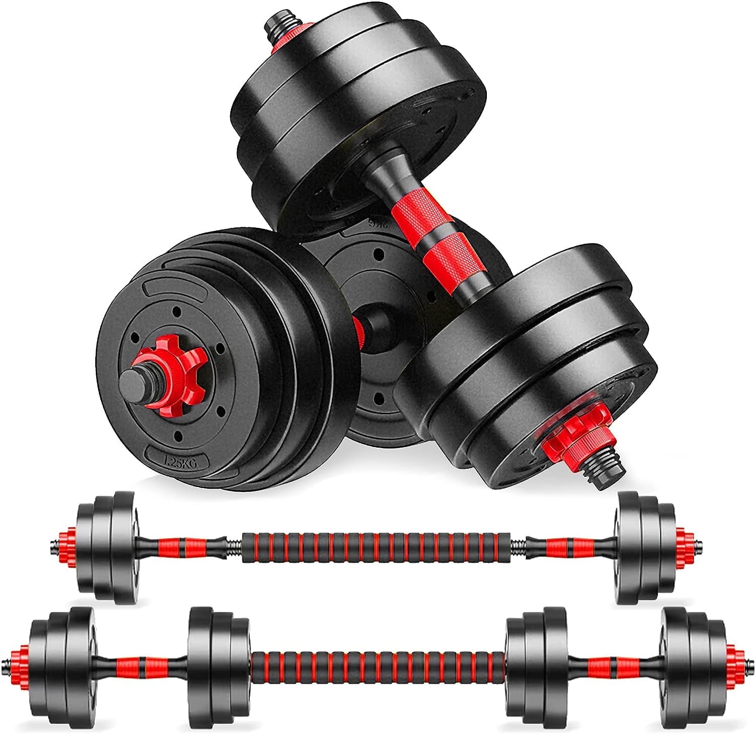 FIXTECH 66LB 2 in 1 Adjustable Dumbbell Set with Connecting Rod Used As Barbell for Whole Body Workouts