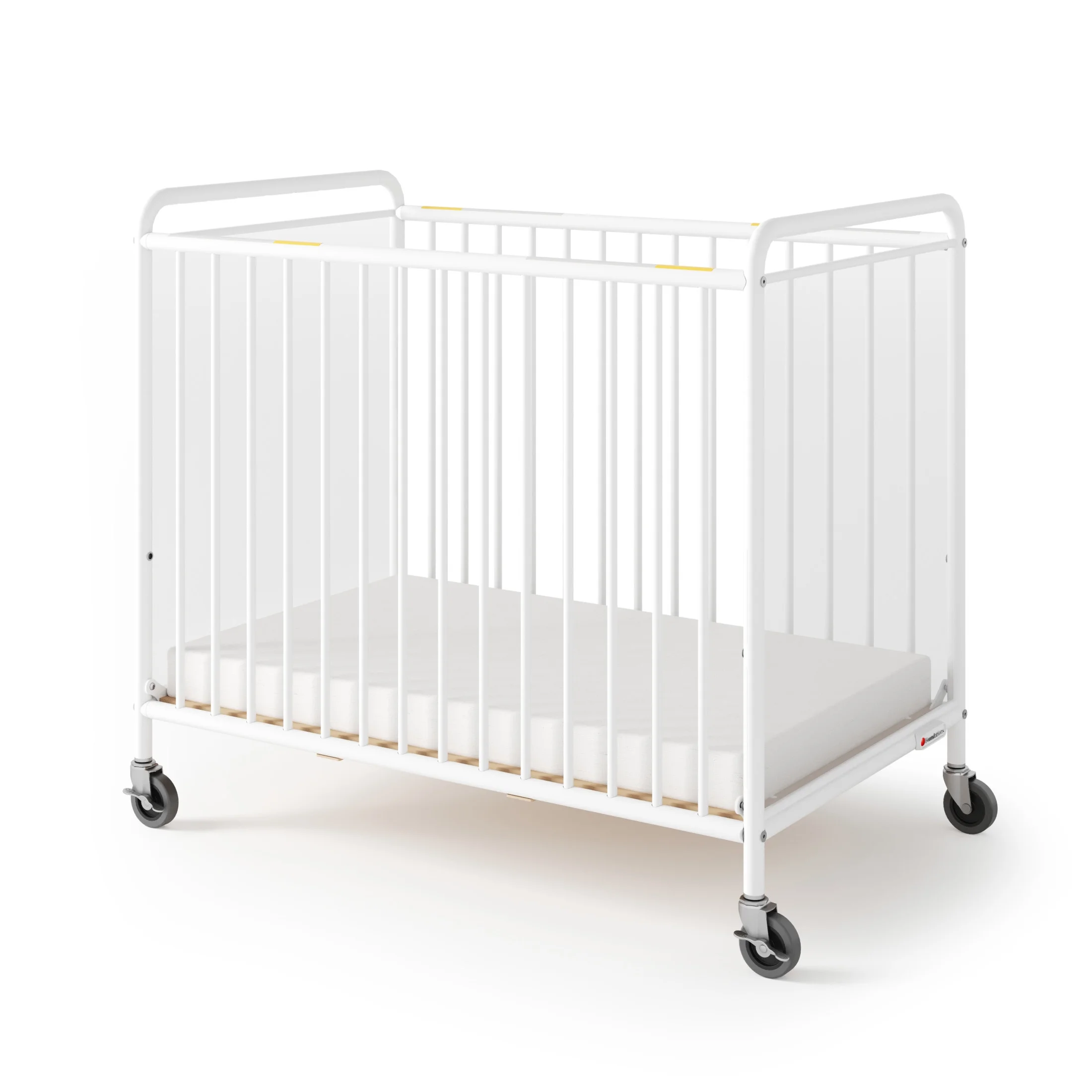 Foundations Chelsea Compact Clearview Metal Evacuation Crib with 3" Mattress, Adjustable Height, White