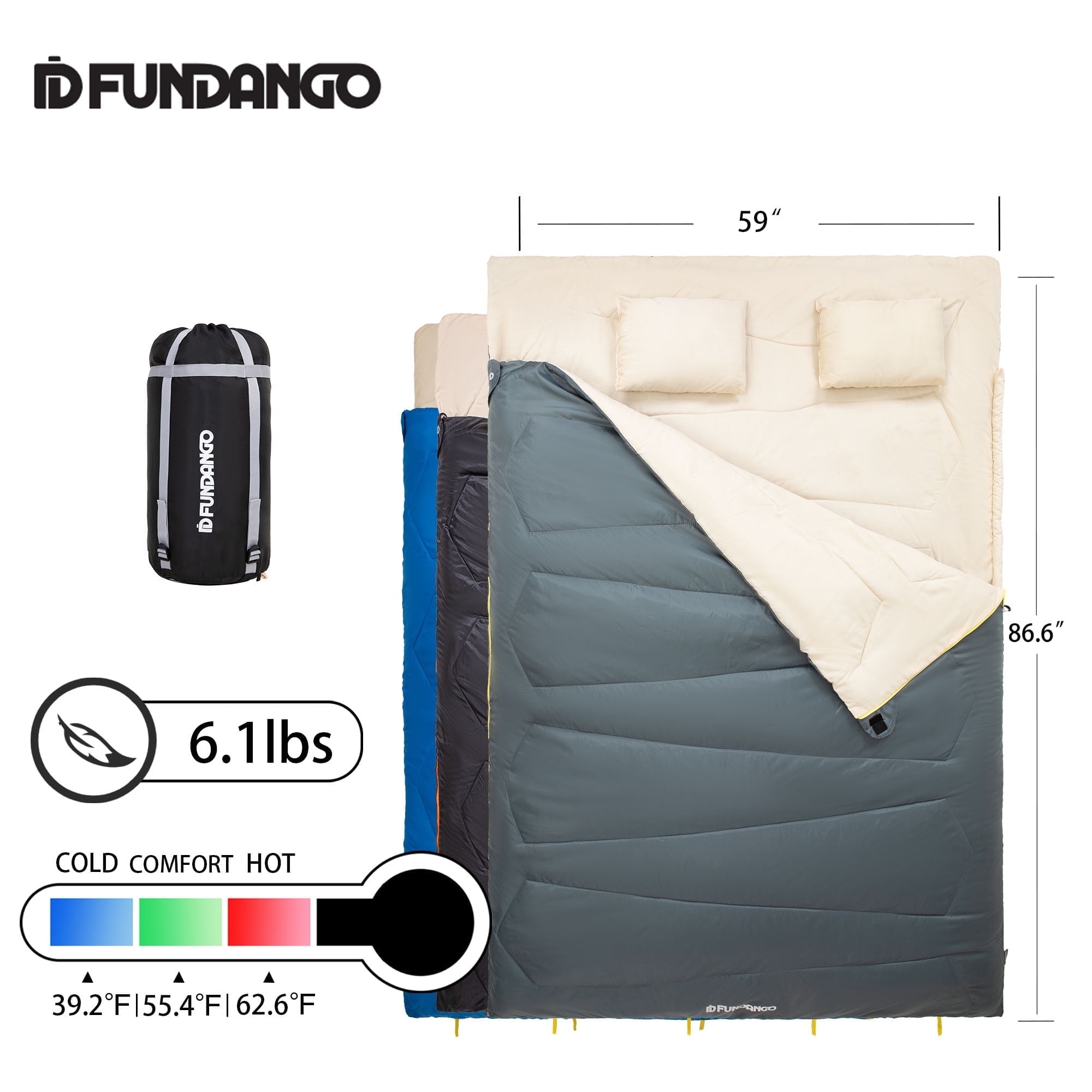 FUNDANGO Two Person Sleeping Bag for Camping Queen Size Lightweight Sleeping Bag for Adults 2Person Double Sleeping Bag for Hiking, Backpacking with Compression Sack,6.1lbs, Grey