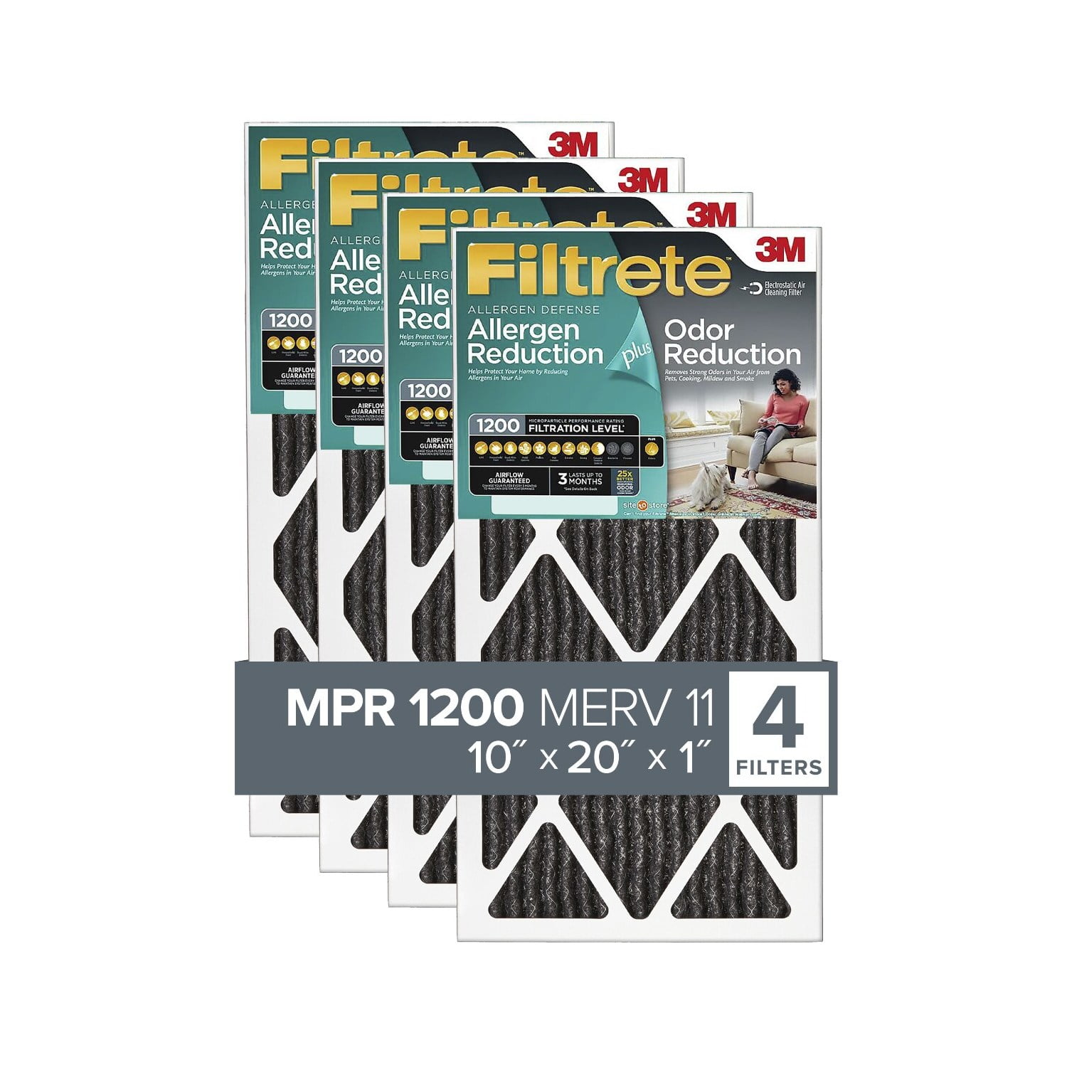 Filtrete 10x20x1 Air Filter, MPR 1200 MERV 11, Allergen Plus Odor Reduction, 4 Filters