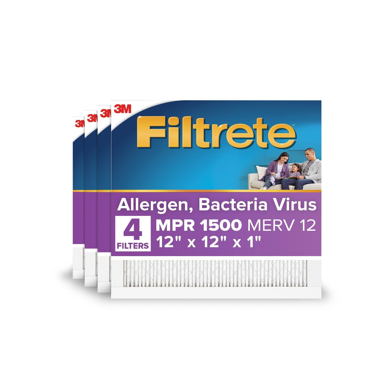 Filtrete 12x12x1 HVAC Furnace Air Filter, MPR 1500 MERV 12, Allergen, Bacteria, Virus, 4 Pack