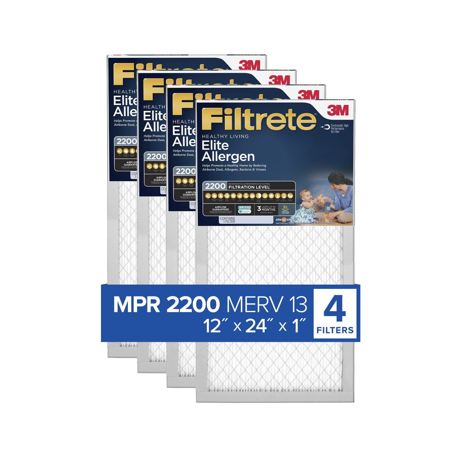 Filtrete 12x24x1 HVAC Furnace Air Filter, MPR 2200 MERV 13, Elite Allergen Reduction, 4 Pack