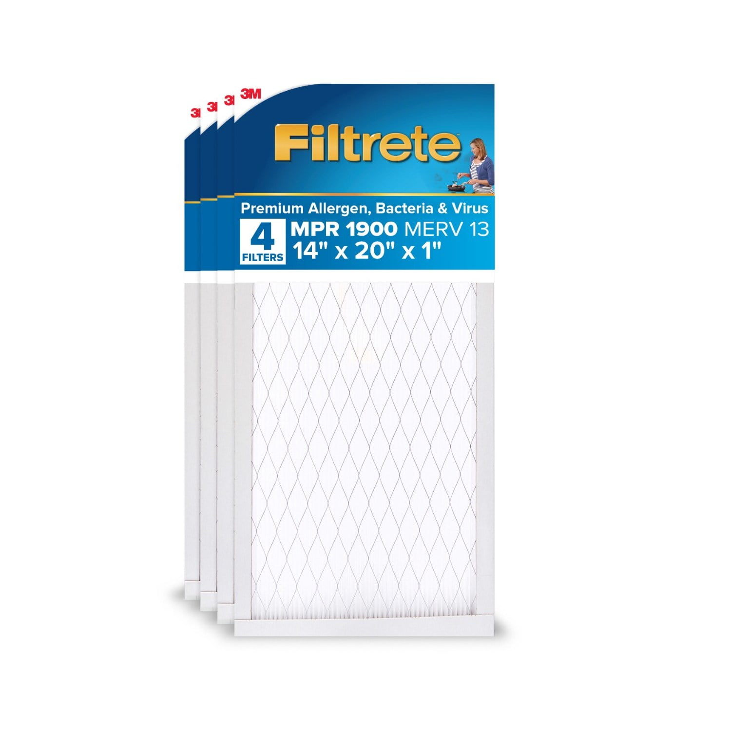 Filtrete 14x20x1 HVAC Furnace Air Filter, MPR 1900 MERV 13, Ultimate Allergen Reduction, 4 Pack