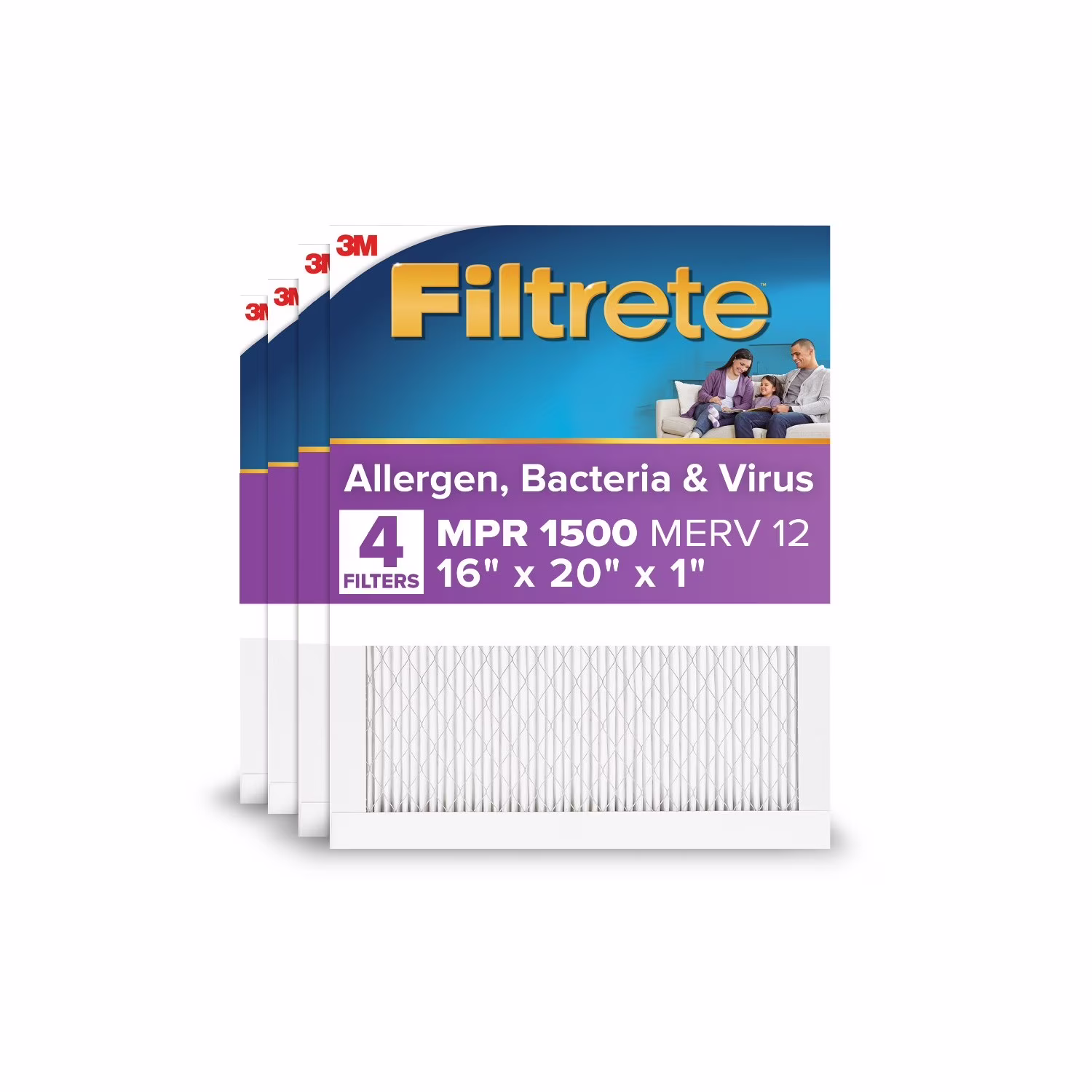Filtrete 16x20x1 HVAC Furnace Air Filter, MPR 1500 MERV 12, Allergen, Bacteria, Virus, 4 Pack