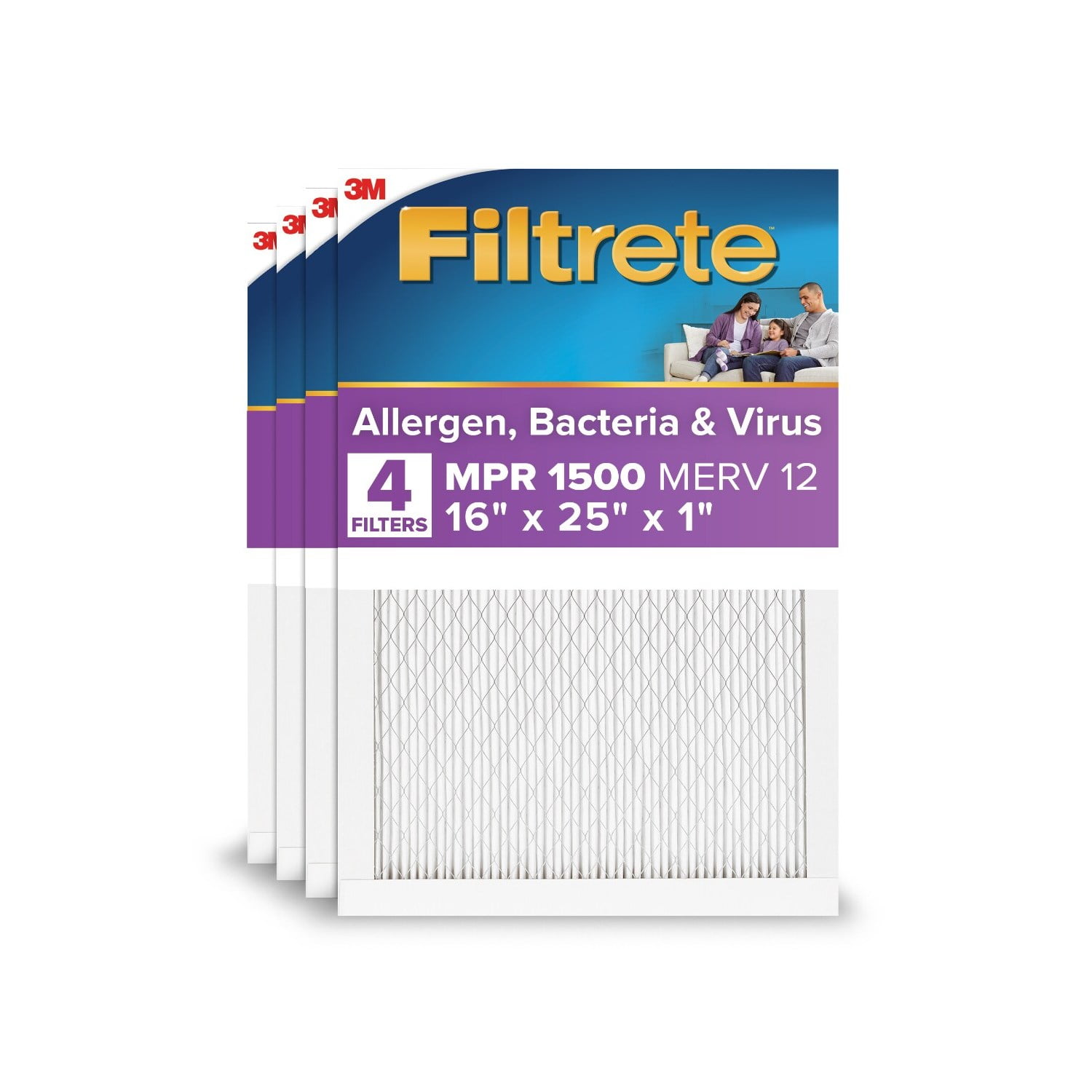 Filtrete 16x25x1 HVAC Furnace Air Filter, MPR 1500 MERV 12, Allergen, Bacteria, Virus, 4 Pack