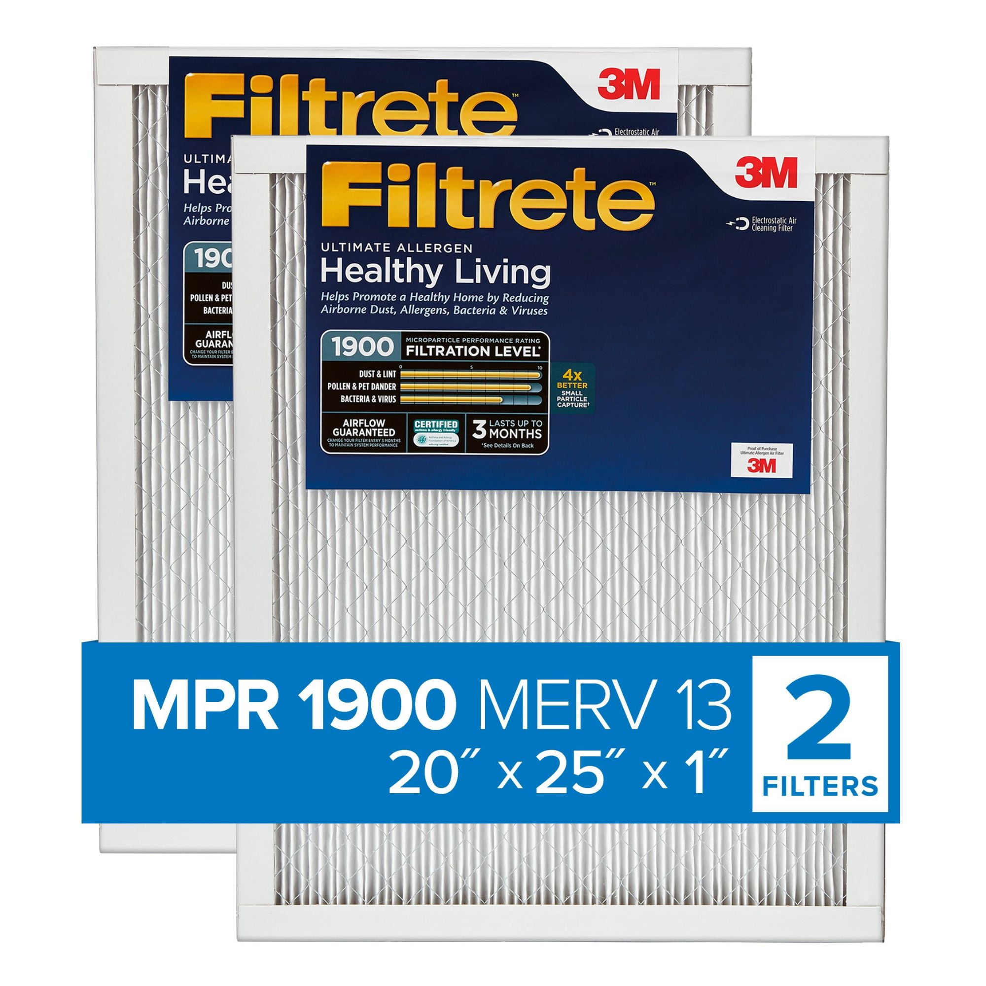 Filtrete 20x25x1 Air Filter, MPR 1900, MERV 13, Healthy Living Ultimate Allergen 3-Month Pleated 1-Inch Air Filters, 2 Filters
