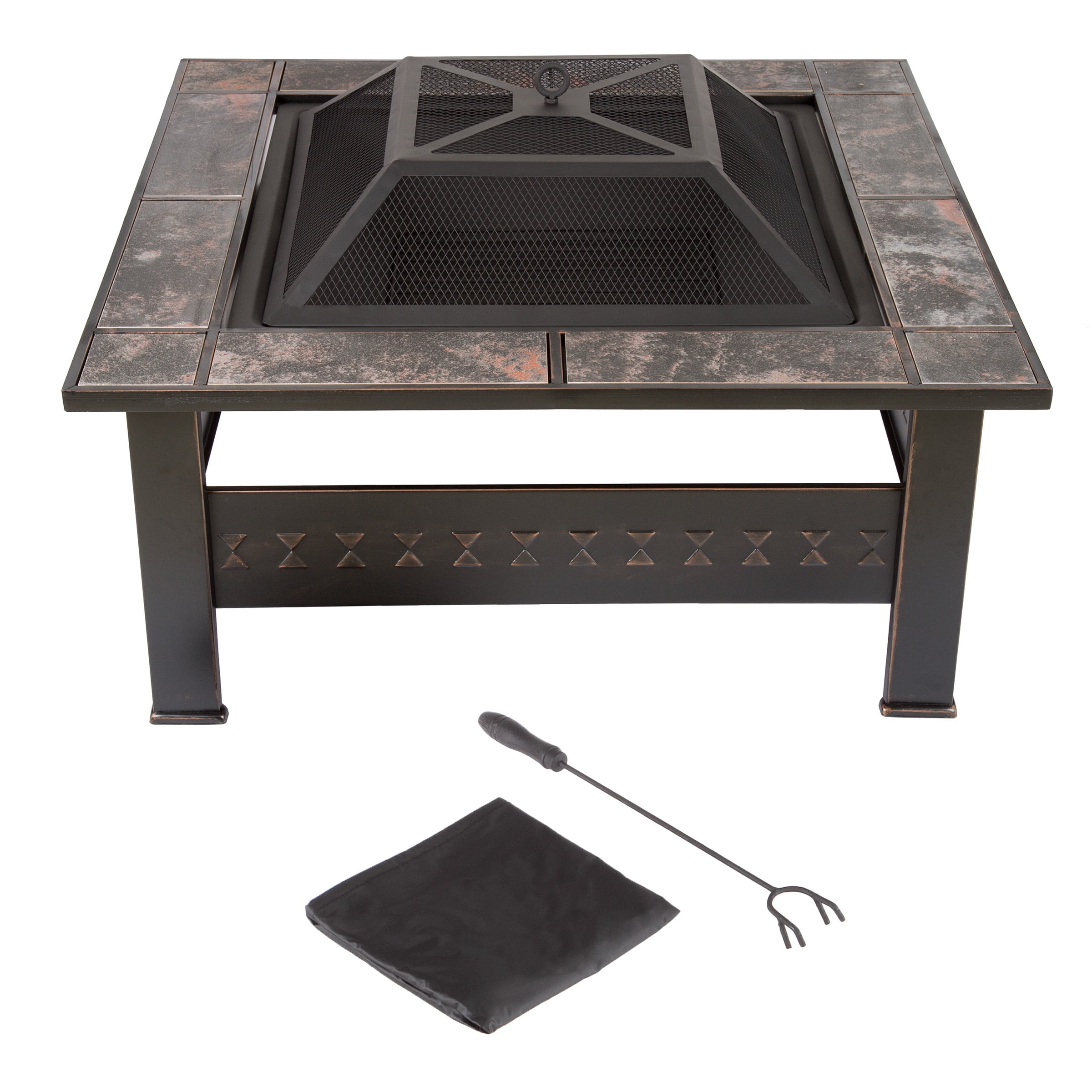 Fire Pit Set, Wood Burning Pit -Includes Screen, Cover and Log Poker- Great for Outdoor and Patio, 32 InchÂ? Marble Tile Square Firepit by Pure Garden