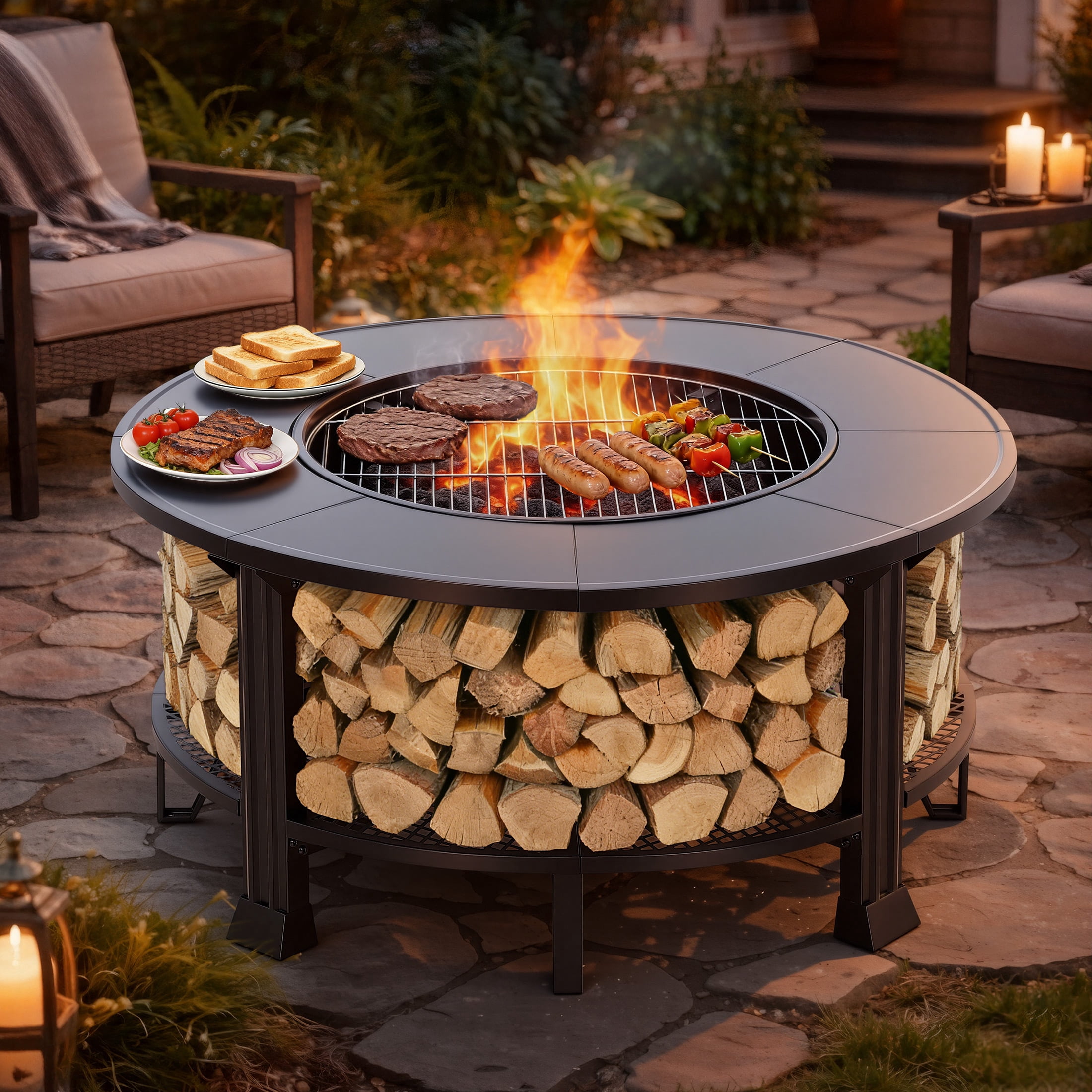 Firepit for Outside, SEGMART 38" Outdoor Fire Pit, Wood Burning Metal Round Fire Pit Table with Grill, Fire Poker, Waterproof Cover for Camping, Outdoor Heating, Bonfire and Picnic, Black