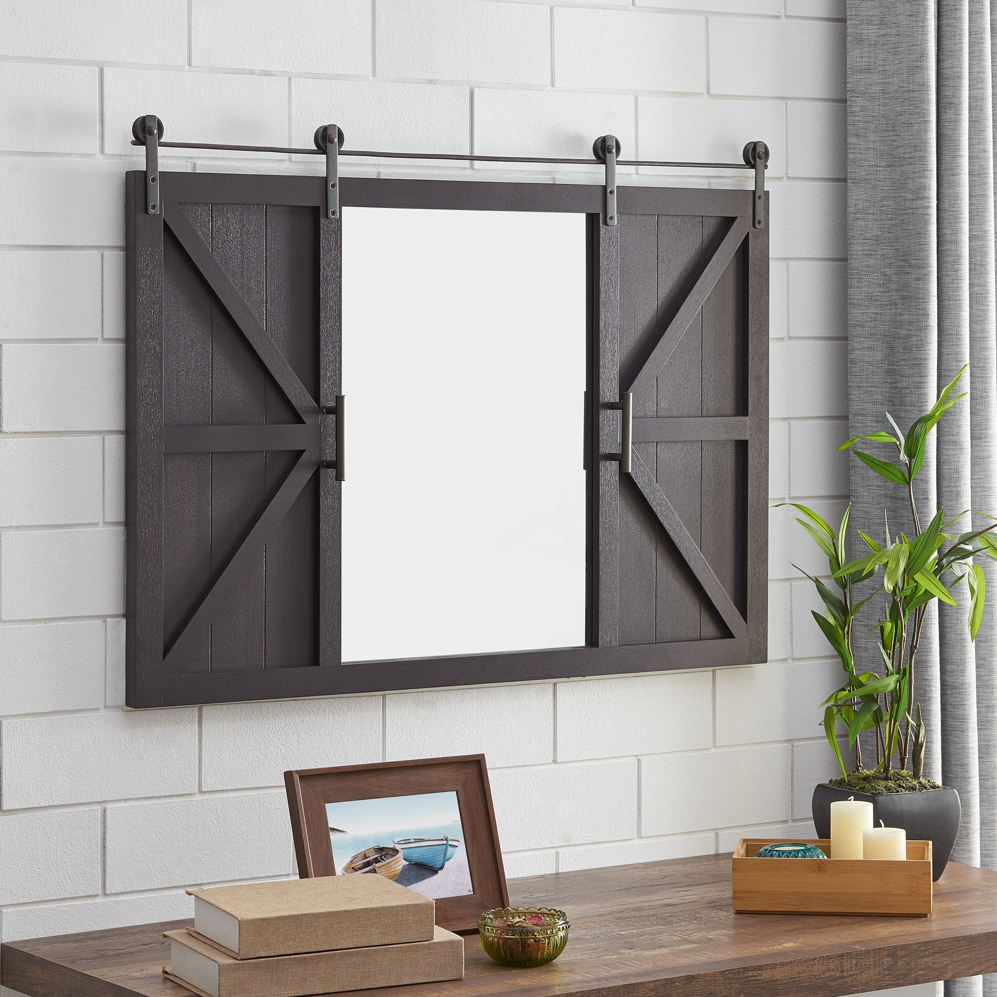 FirsTime & Co. Dark Brown Hayloft Barn Door Wall Mirror, Farmhouse, Rectangular, 36 x 2 x 26 in