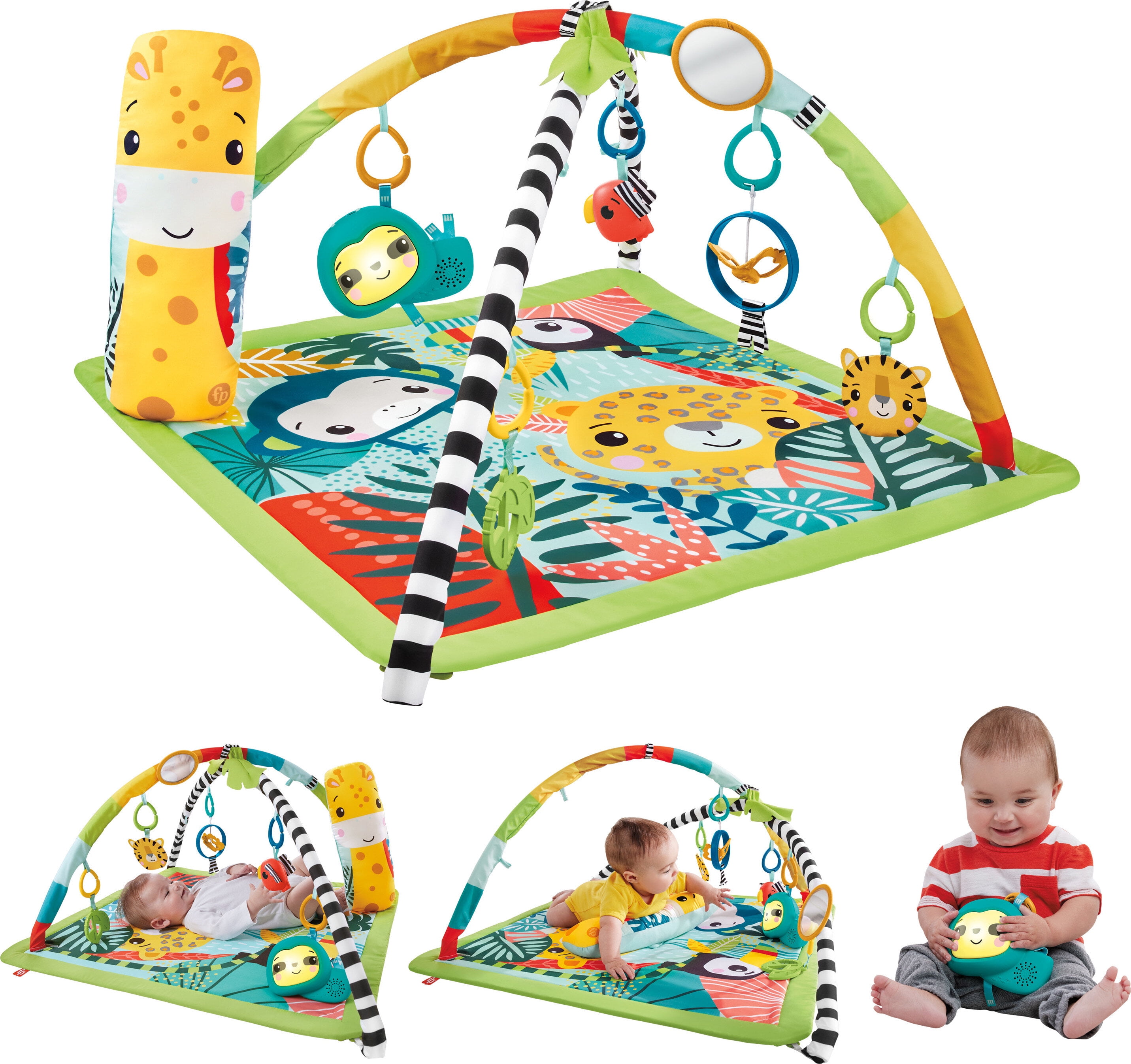 Fisher-Price 3-in-1 Rainforest Sensory Gym Tummy Wedge with 6 Baby Toys Newborn to Toddler