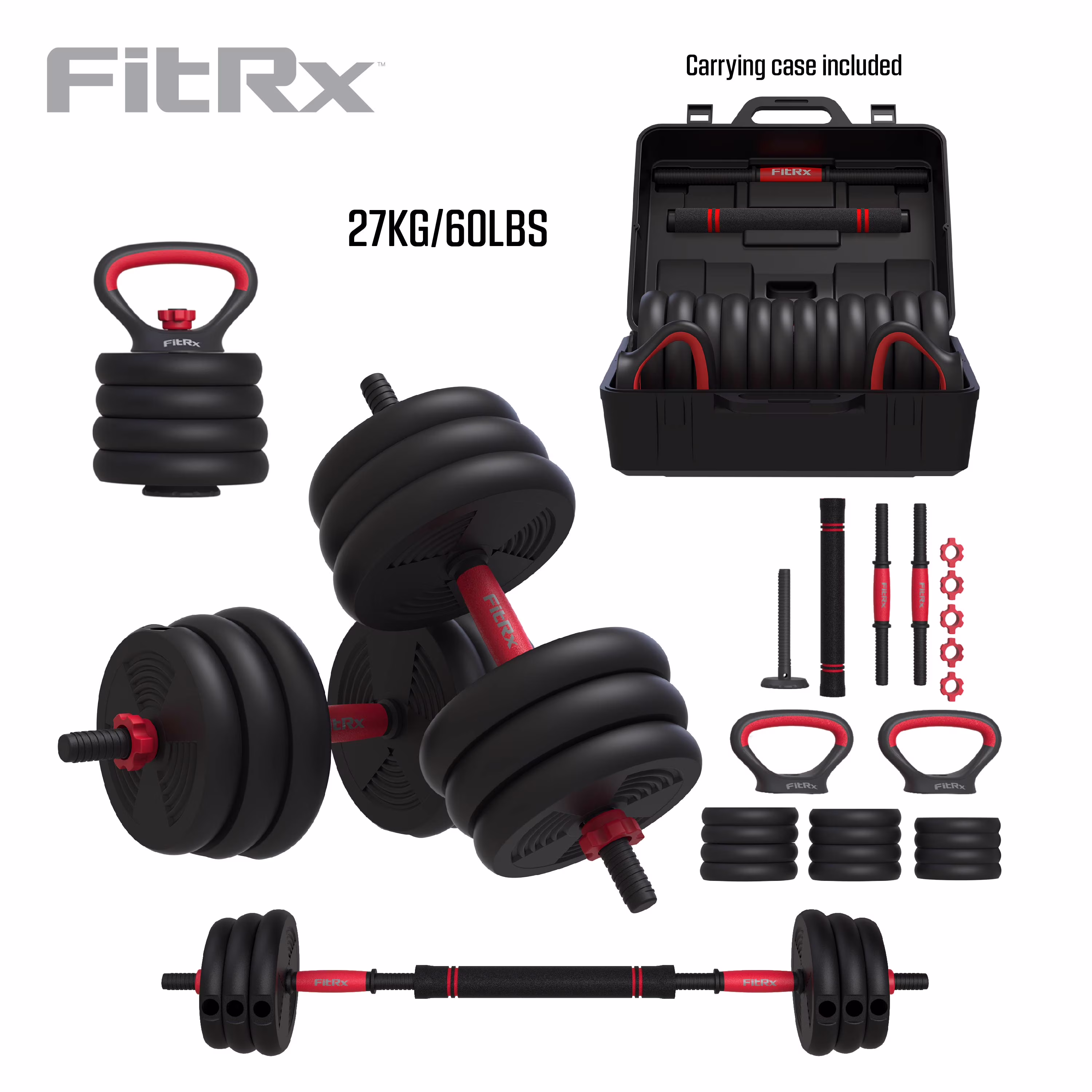 FitRx SmartBell Gym, 60 lbs. 4-in-1 Adjustable Interchangeable Dumbbell, Barbell, and Kettlebell Weight Set, Black