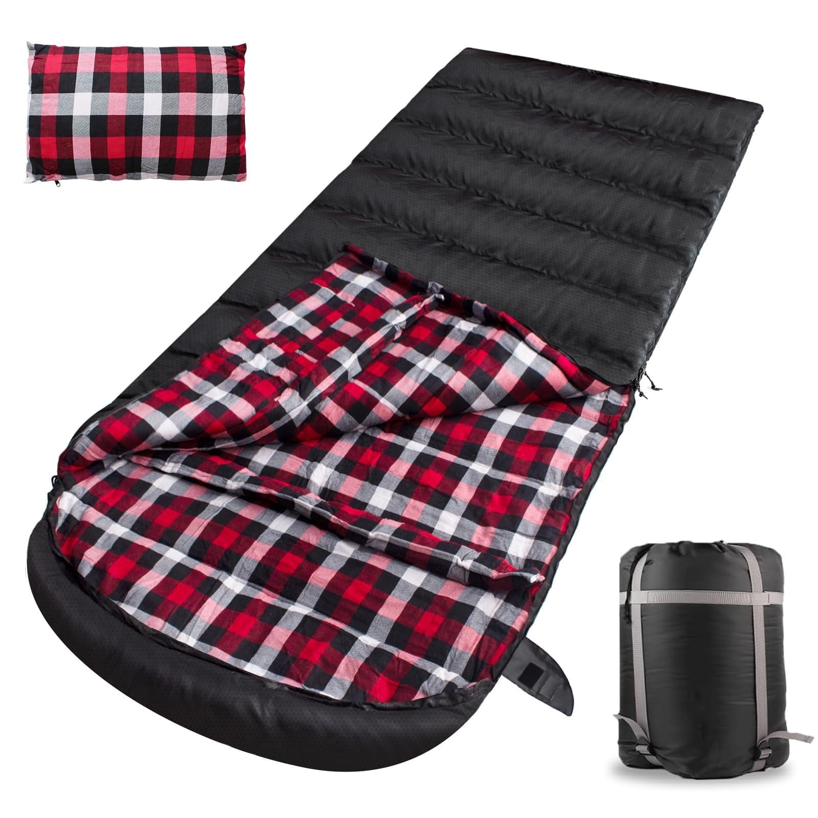 Flannel Sleeping Bag Cotton 0 Degree Cold Weather for Adults XXL Sleeping Bag 4 Season Big and Tall with Pillow Compression Sack (Right Zipper)