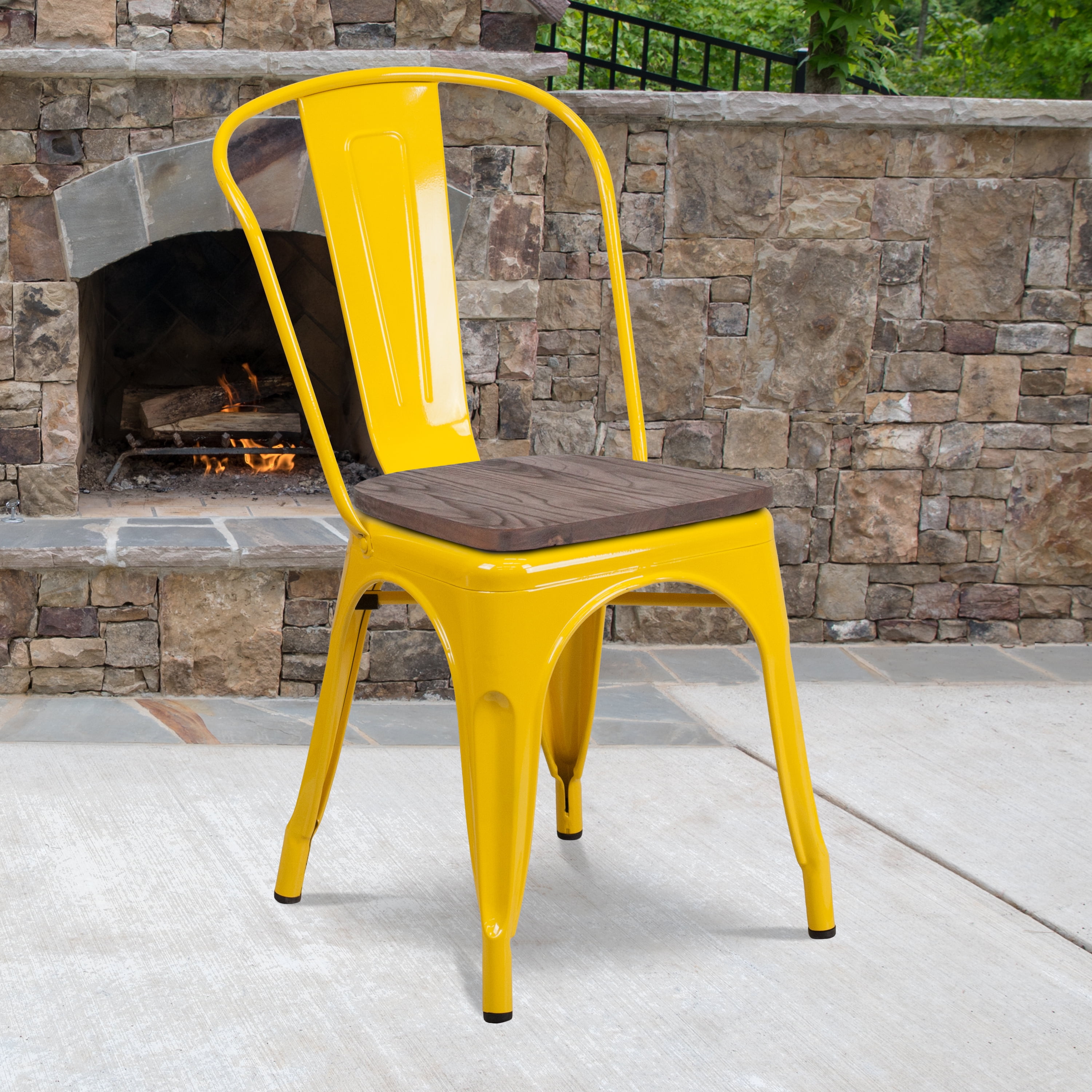 Flash Furniture Yellow Metal Stackable Chair with Wood Seat