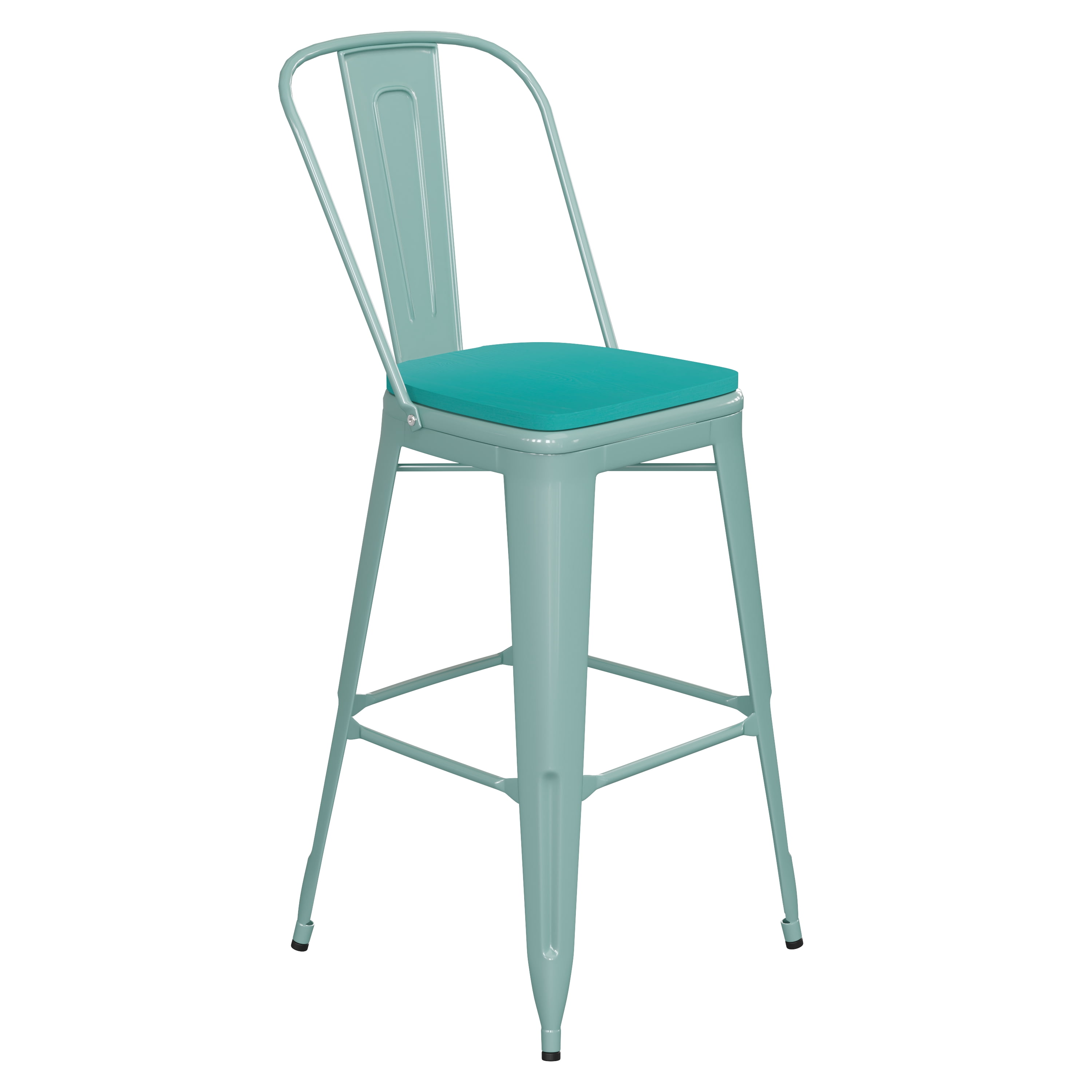 Flash Furniture Carly Commercial Grade 30" High Mint Green Metal Indoor-Outdoor Barstool with Back with Mint Green Poly Resin Wood Seat