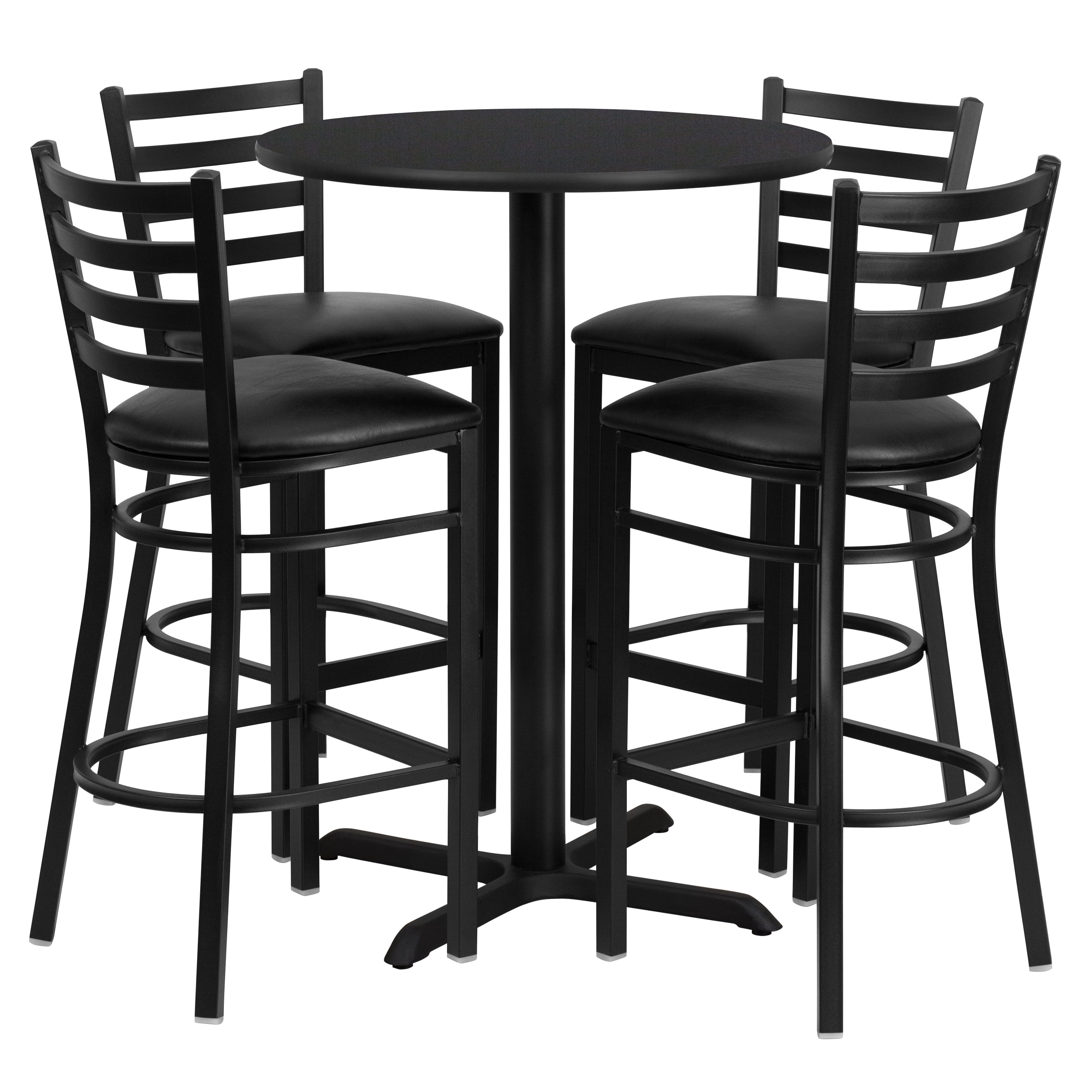 Flash Furniture 30'' Round Black Laminate Table Set with X-Base and 4 Ladder Back Metal Barstools - Black Vinyl Seat