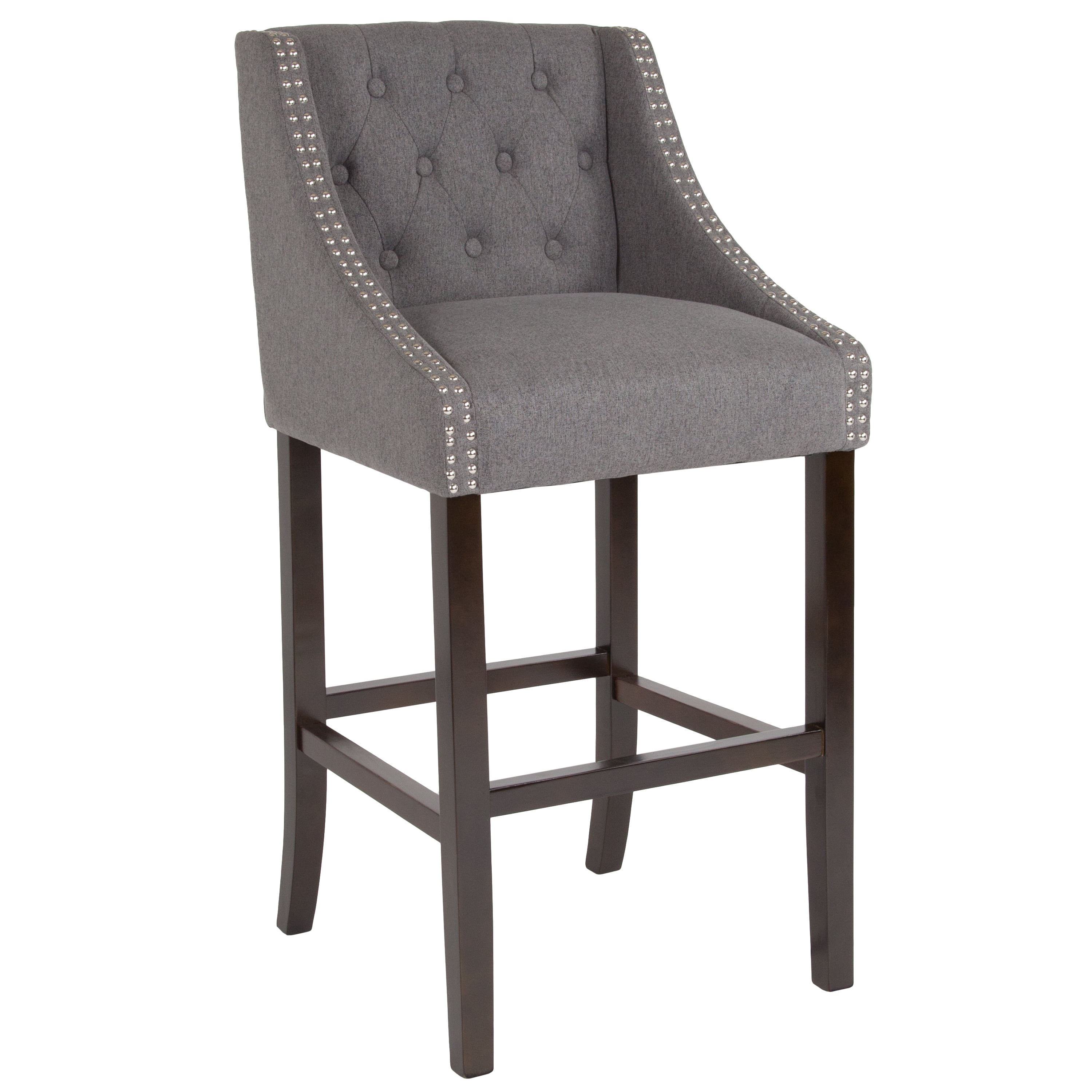 Flash Furniture Carmel Series 30" High Transitional Tufted Walnut Barstool with Accent Nail Trim in Dark Gray Fabric
