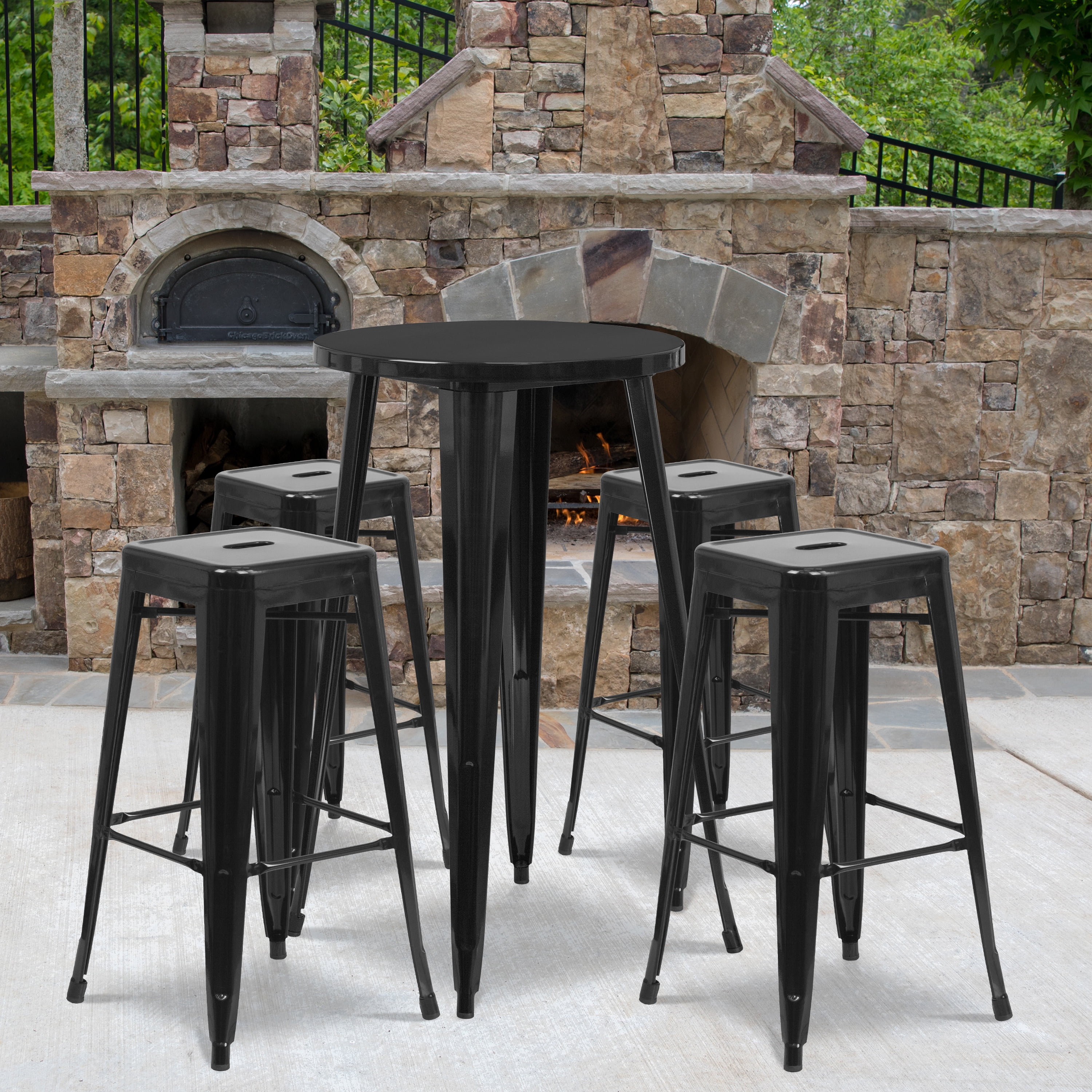 Flash Furniture Commercial Grade 24" Round Black Metal Indoor-Outdoor Bar Table Set with 4 Square Seat Backless Stools