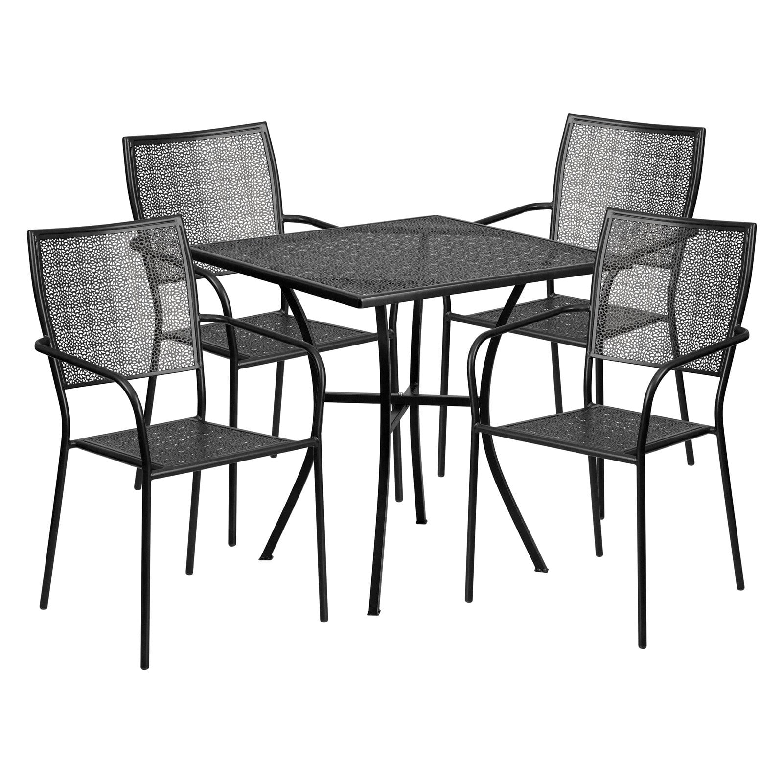 Flash Furniture Commercial Grade 28" Square Black Indoor-Outdoor Steel Patio Table Set with 4 Square Back Chairs
