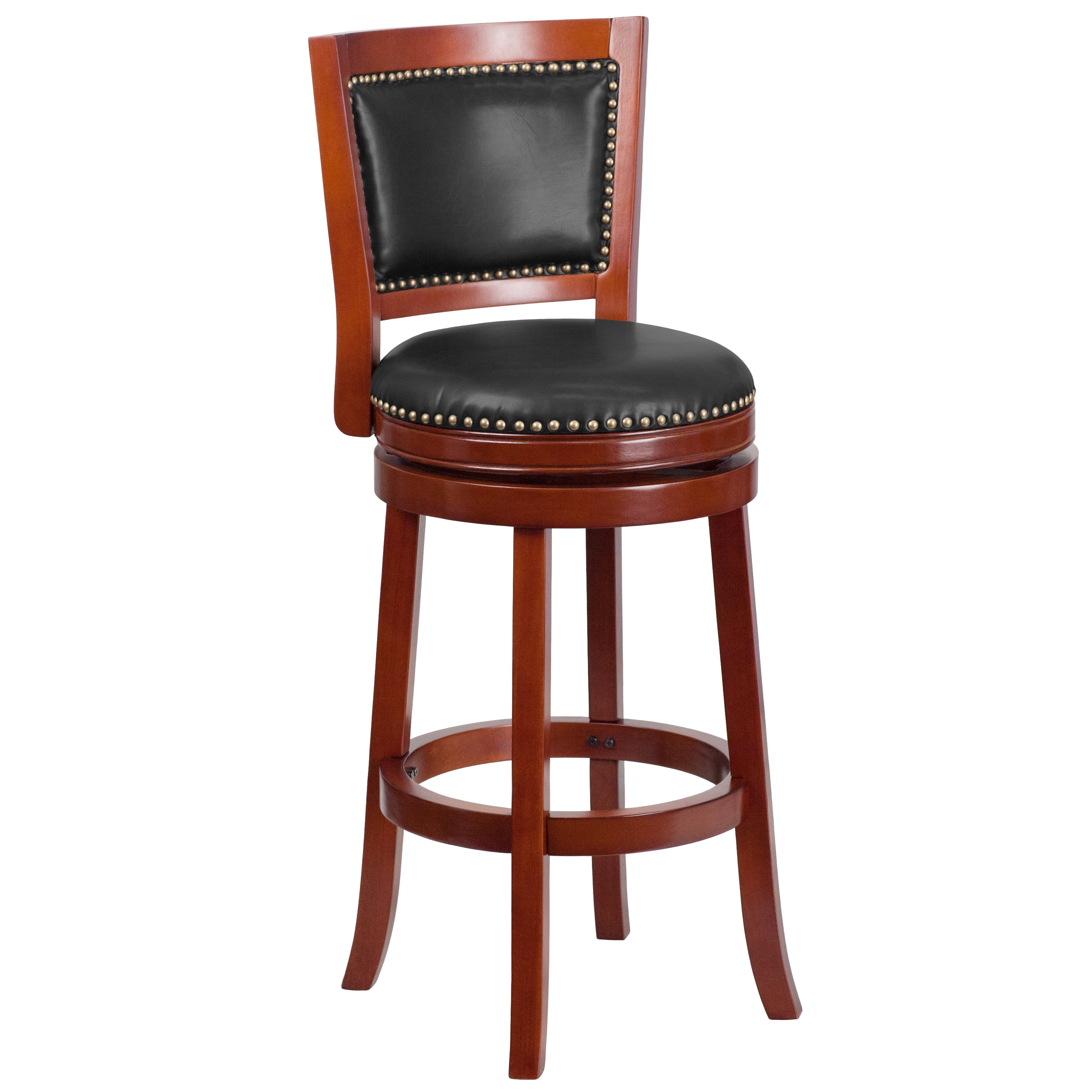 Flash Furniture Ebert 30'' High Dark Cherry Wood Barstool with Open Panel Back and Walnut LeatherSoft Swivel Seat