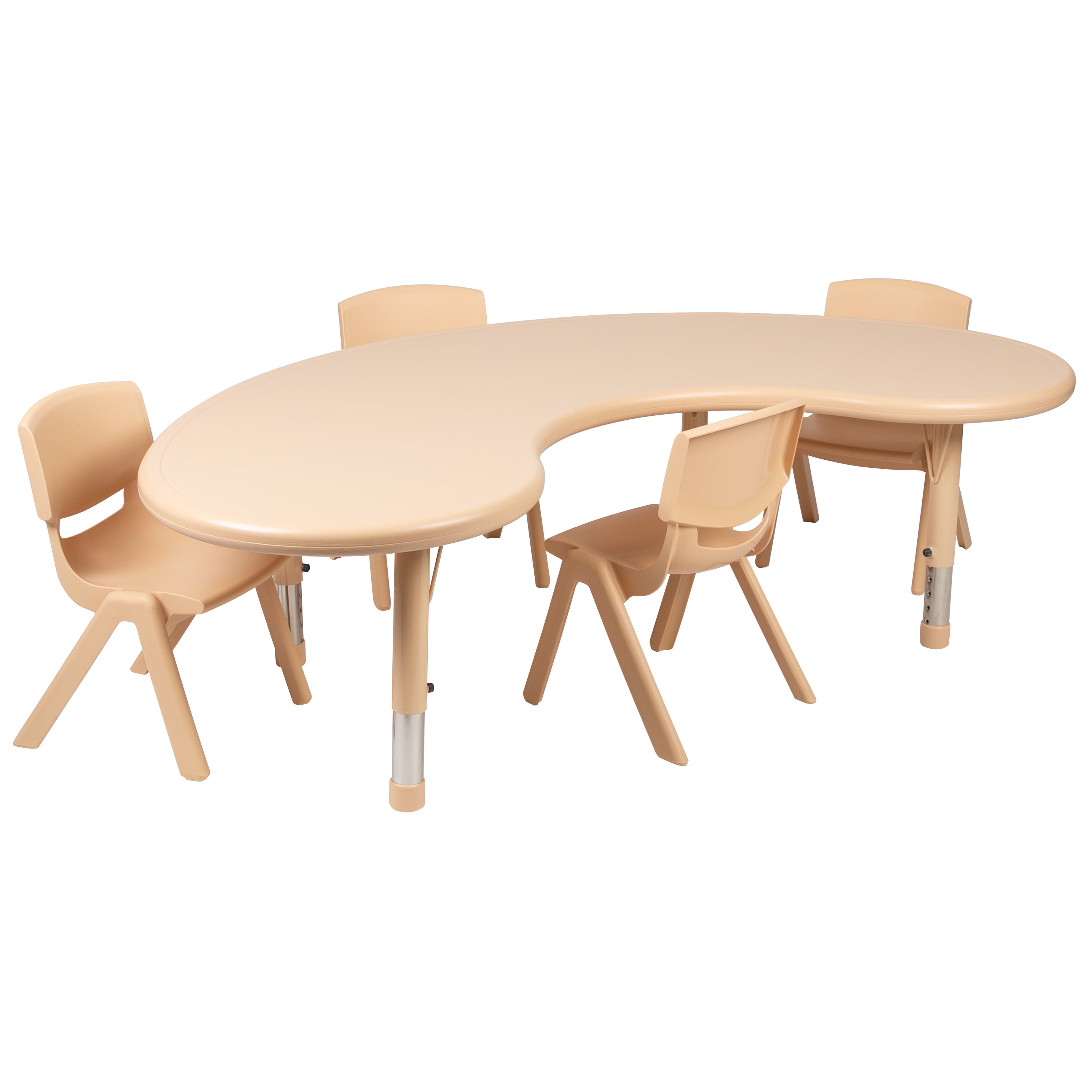 Flash Furniture Emmy 35"W x 65"L Half-Moon Natural Plastic Height Adjustable Activity Table Set with 4 Chairs