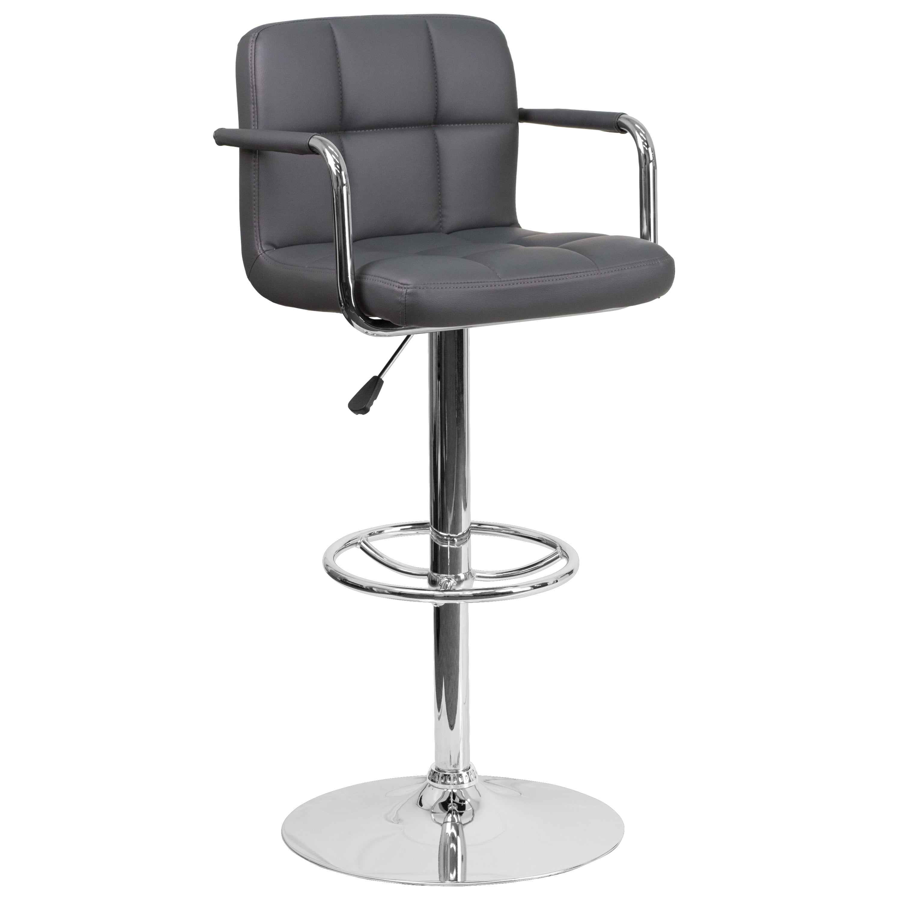 Flash Furniture Genna Contemporary Gray Quilted Vinyl Adjustable Height Barstool with Arms and Chrome Base