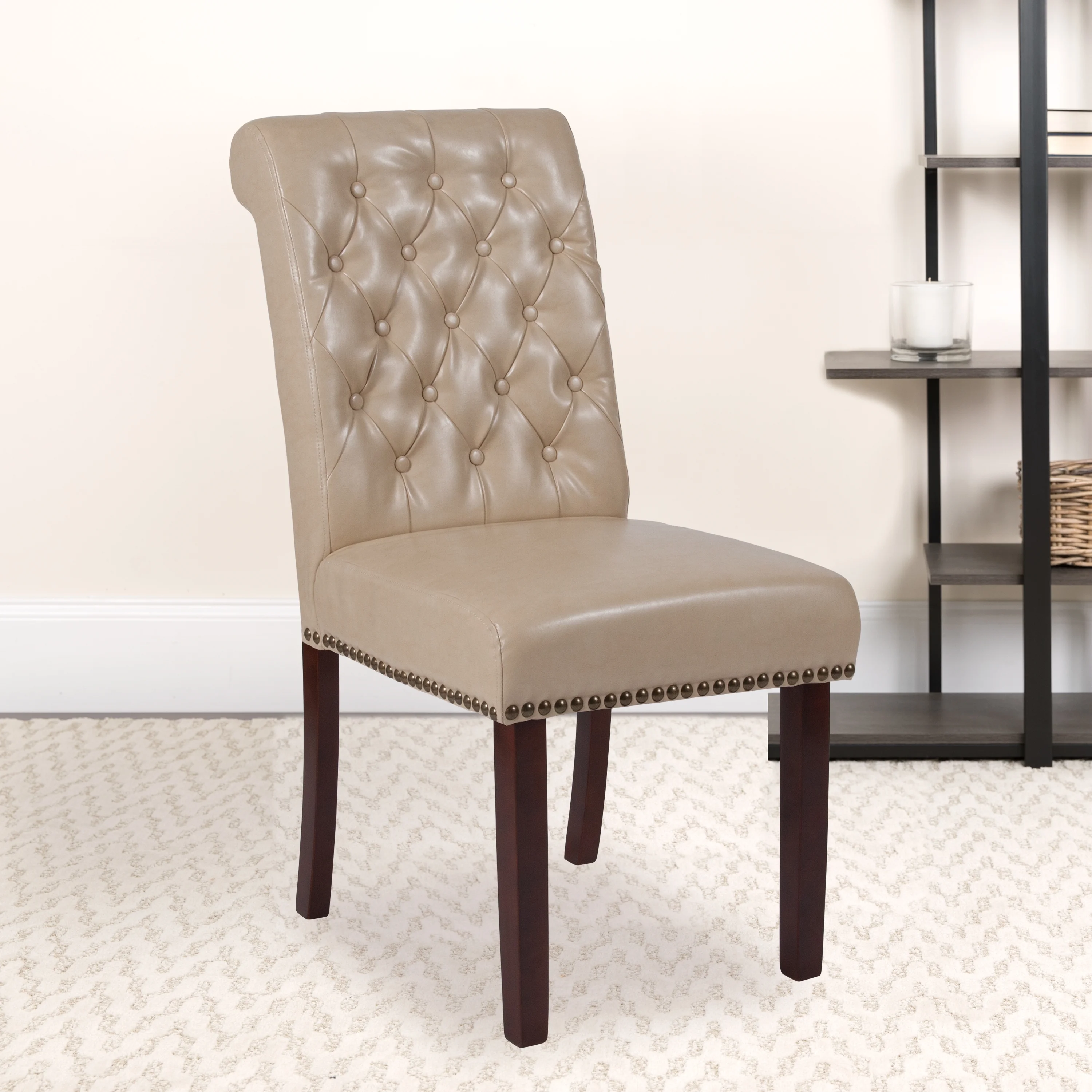 Flash Furniture HERCULES Series Beige LeatherSoft Parsons Chair with Rolled Back, Accent Nail Trim and Walnut Finish
