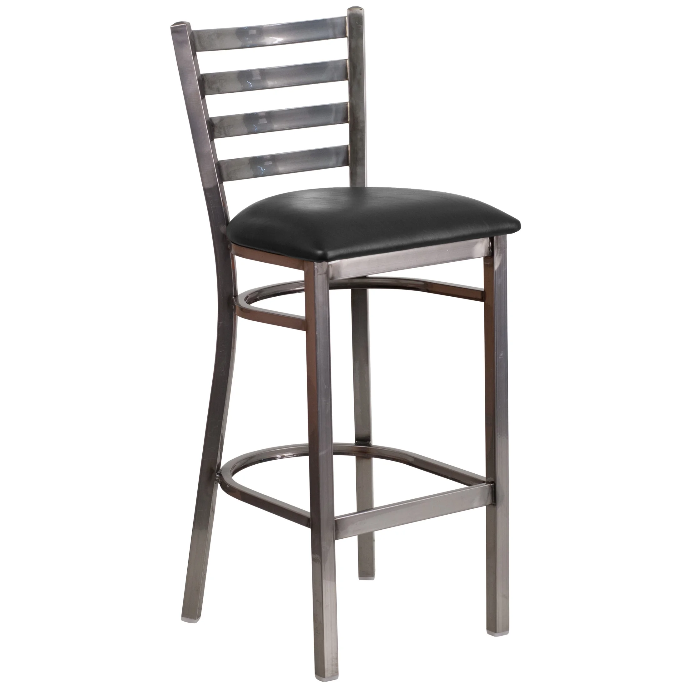 Flash Furniture HERCULES Series Silver Antique Finish with Clear Coat Ladder Back Metal Restaurant Barstool - Black Vinyl Seat