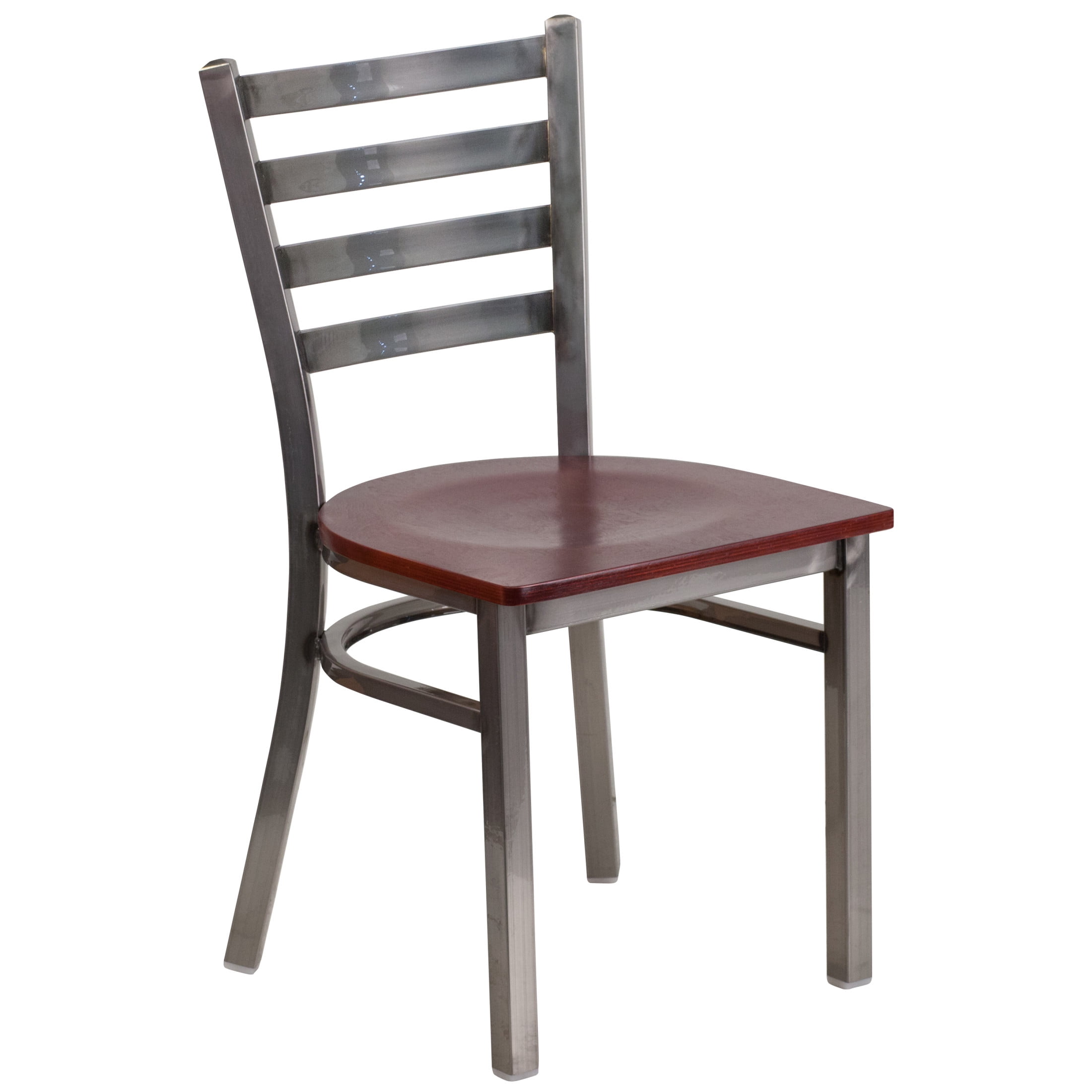 Flash Furniture HERCULES Series Silver Antique Finish with Clear Coat Ladder Back Metal Restaurant Chair - Mahogany Wood Seat