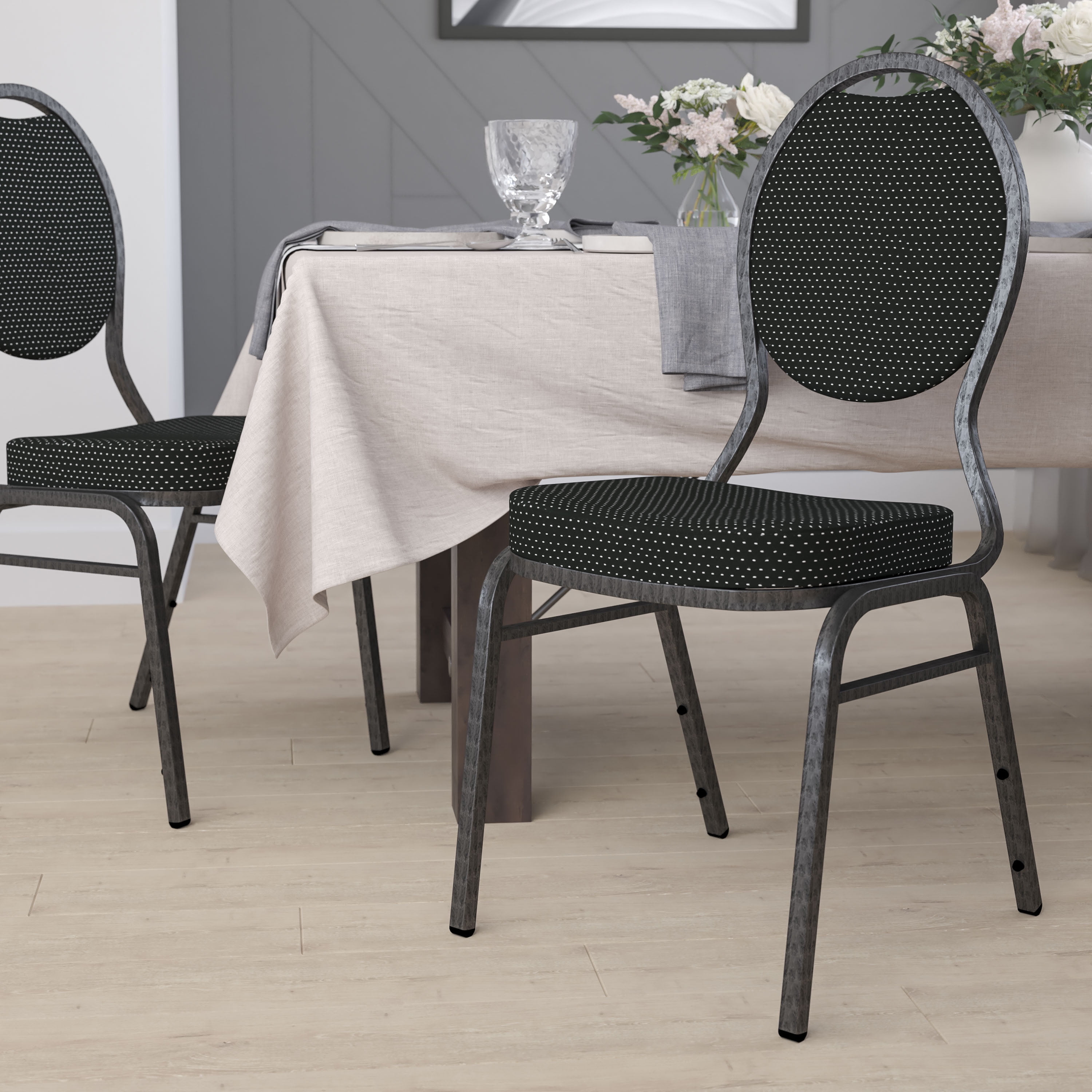 Flash Furniture HERCULES Series Teardrop Back Stacking Banquet Chair in Black Patterned Fabric - Silver Vein Frame