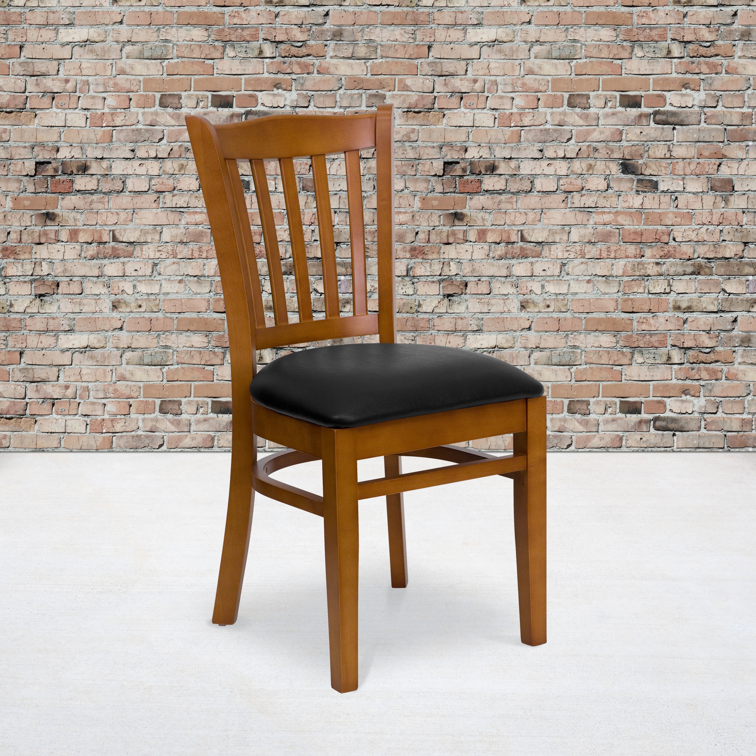 Flash Furniture HERCULES Series Vertical Slat Back Cherry Wood Restaurant Chair - Black Vinyl Seat