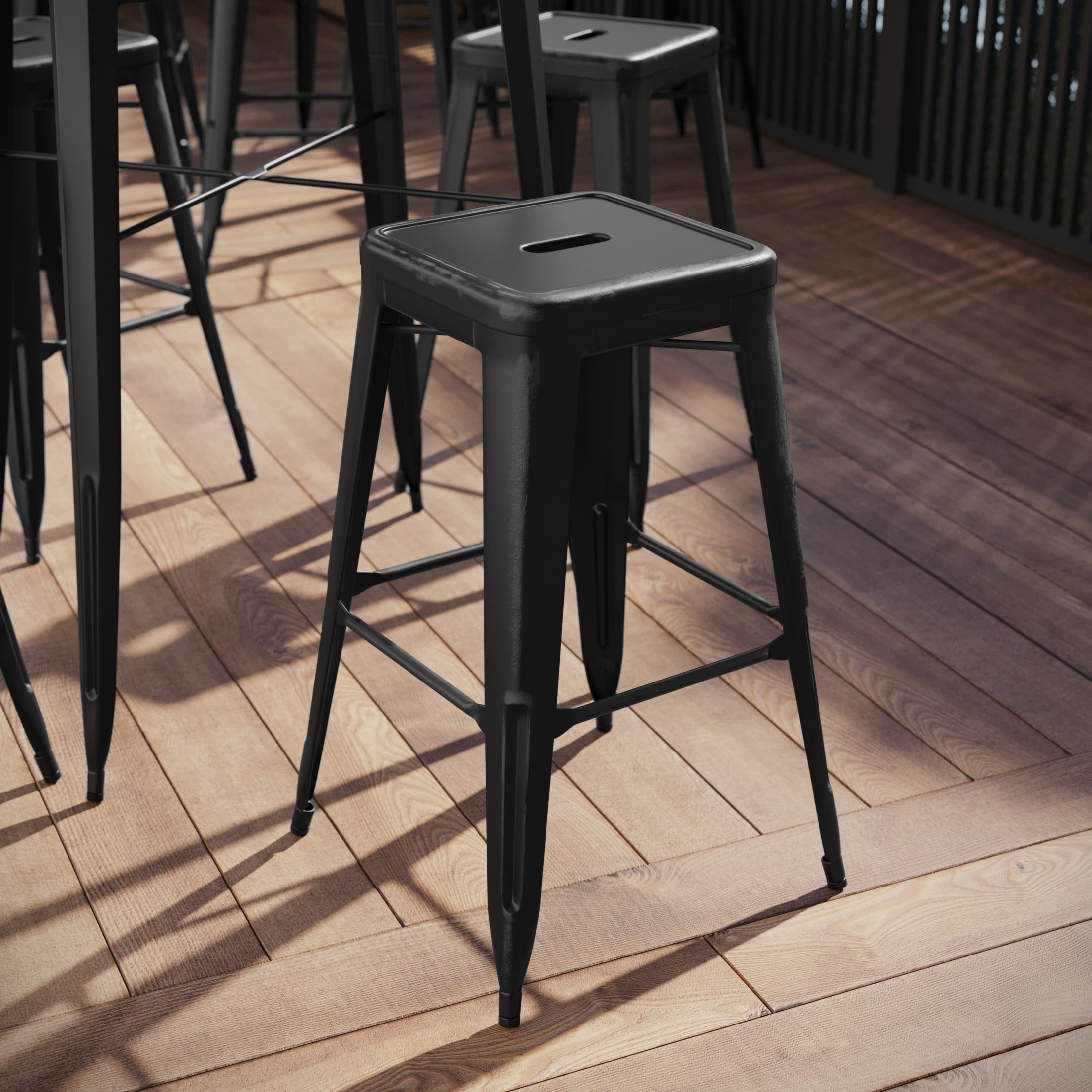Flash Furniture Kai Commercial Grade 4 Pack 30" High Backless Distressed Black Metal Indoor-Outdoor Barstool