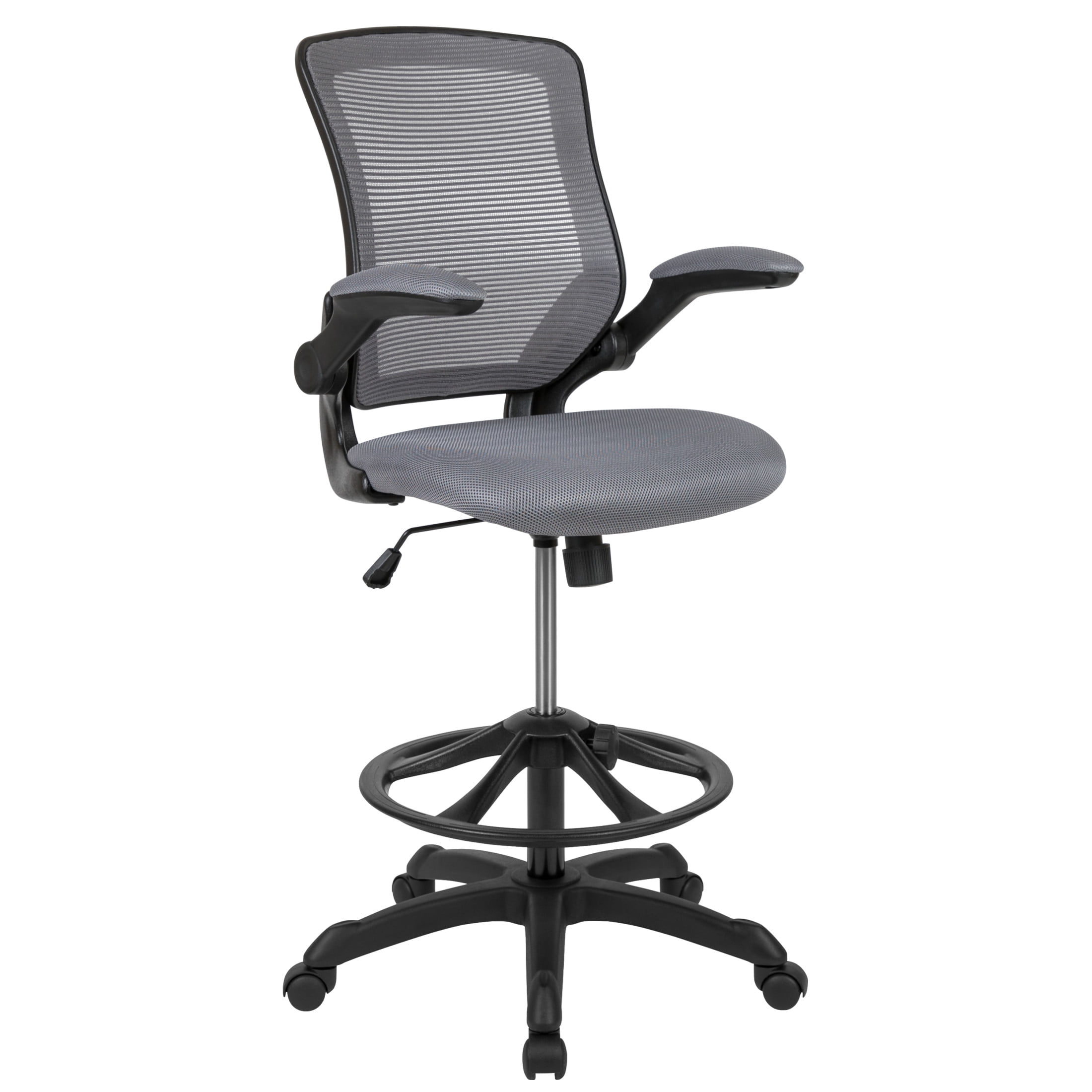 Flash Furniture Kale Mid-Back Dark Gray Mesh Ergonomic Drafting Chair with Adjustable Foot Ring and Flip-Up Arms