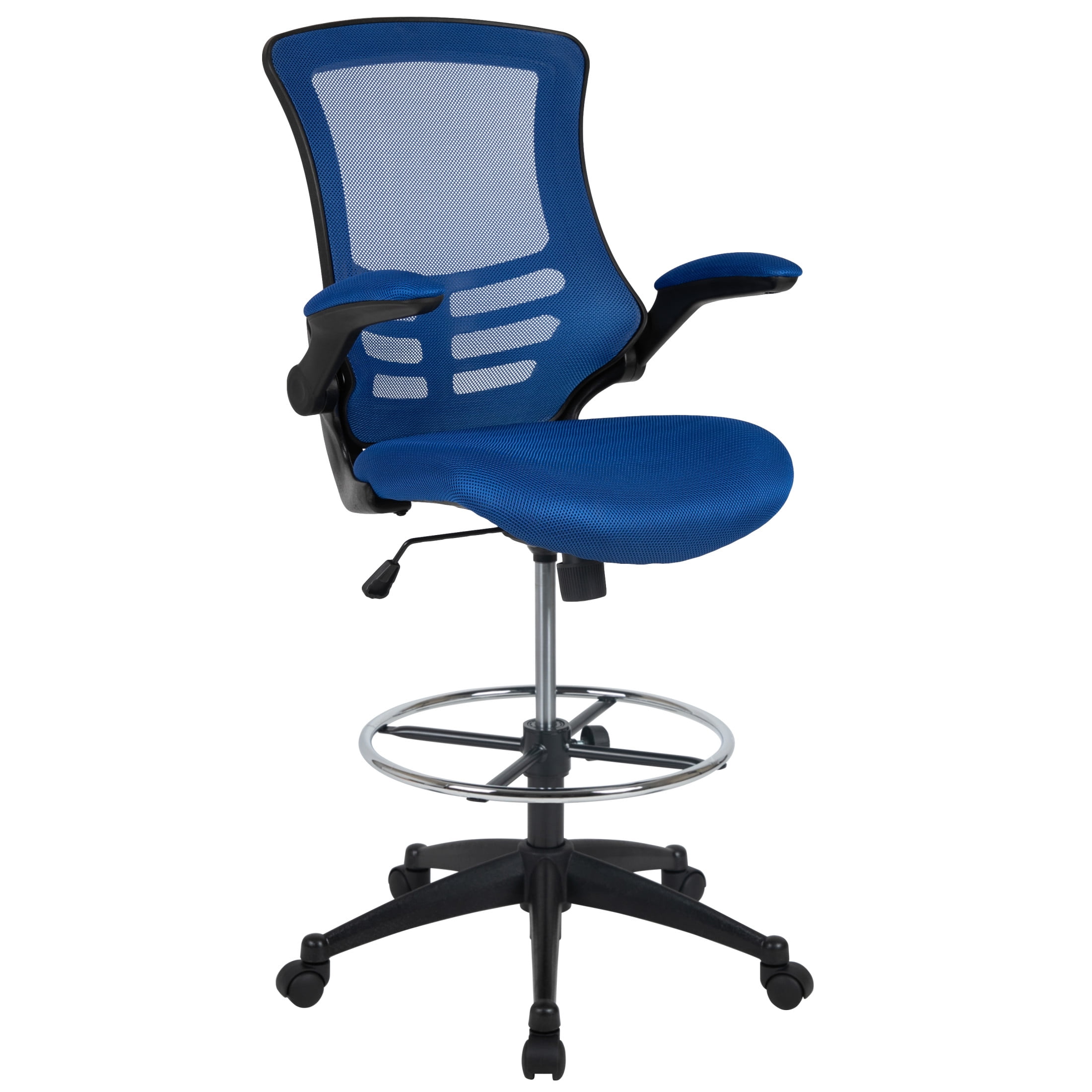 Flash Furniture Kelista Mid-Back Blue Mesh Ergonomic Drafting Chair with Adjustable Foot Ring and Flip-Up Arms