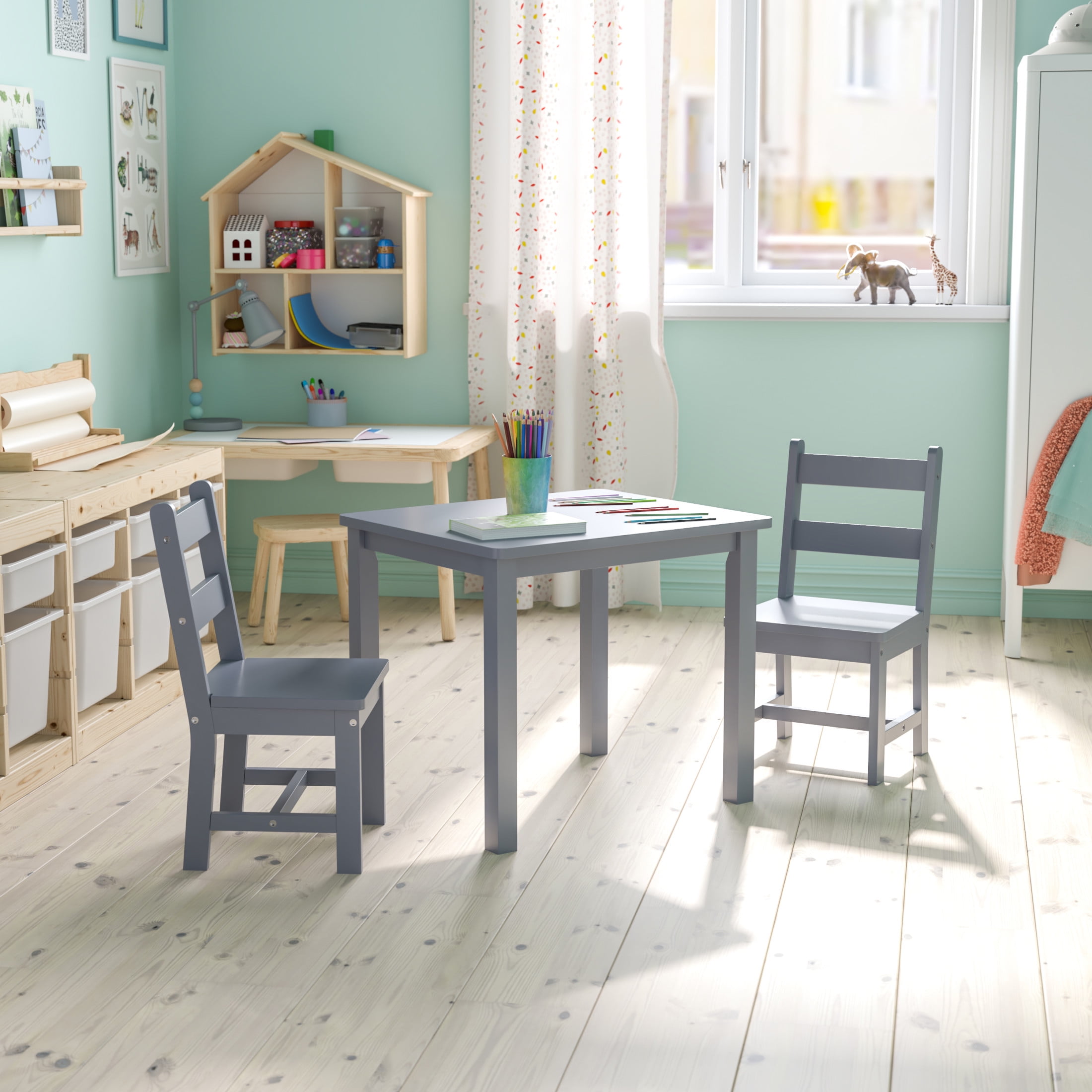 Flash Furniture Kyndl Kids 3 Hardwood Piece Table and Chair Set, Gray