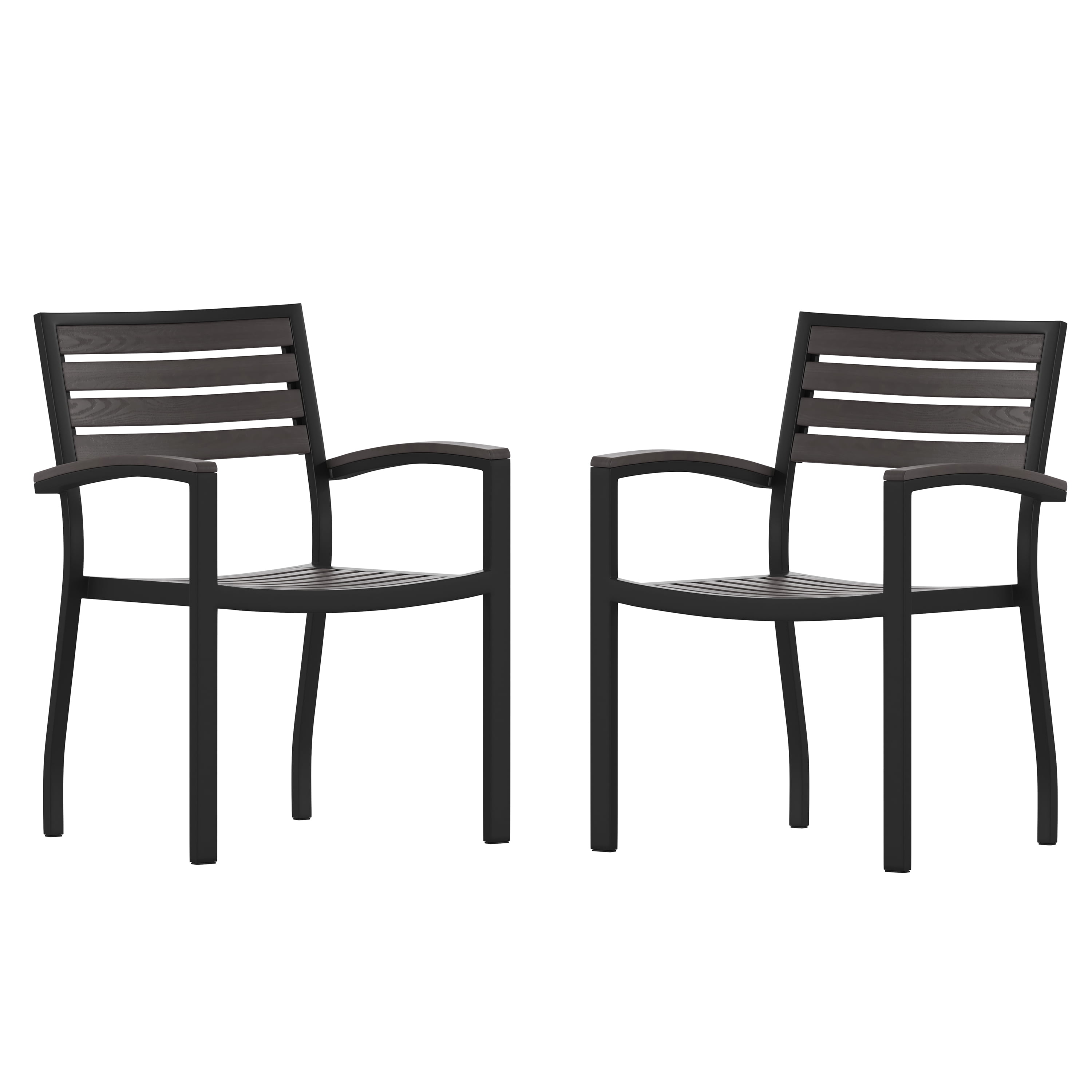 Flash Furniture Lark Set of 2 Outdoor Stackable Faux Teak Side Chairs - Commercial Grade Black Aluminum Patio Chairs with Synthetic Gray Wash Faux Teak Slats