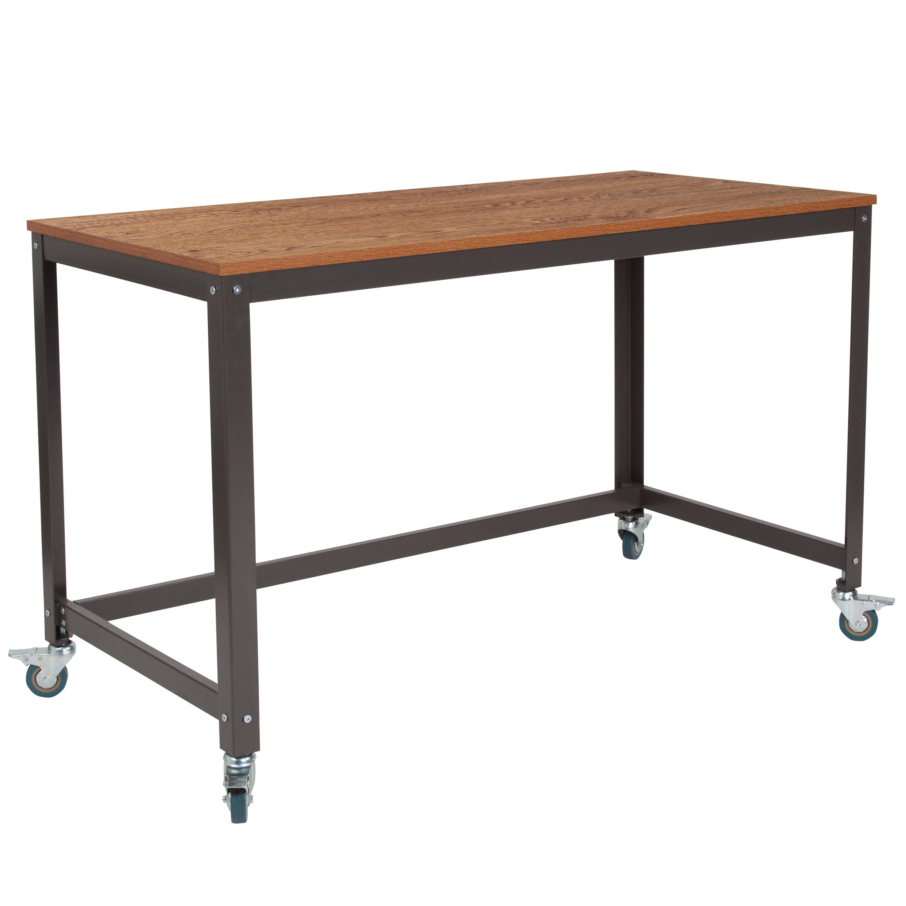 Flash Furniture Livingston Collection Computer Table and Desk in Brown Oak Wood Grain Finish with Metal Wheels [NAN-JN-2522D-GG