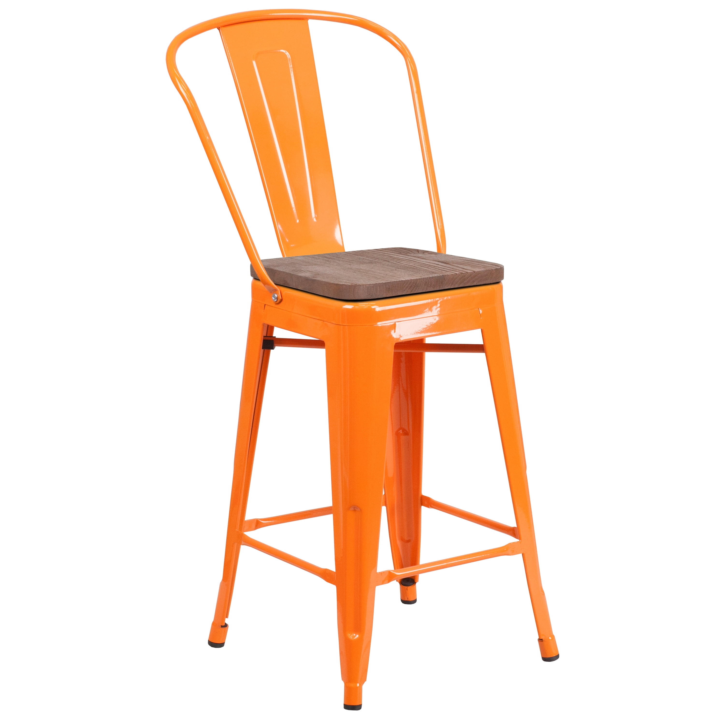 Flash Furniture Lily 24" High Orange Metal Counter Height Stool with Back and Wood Seat
