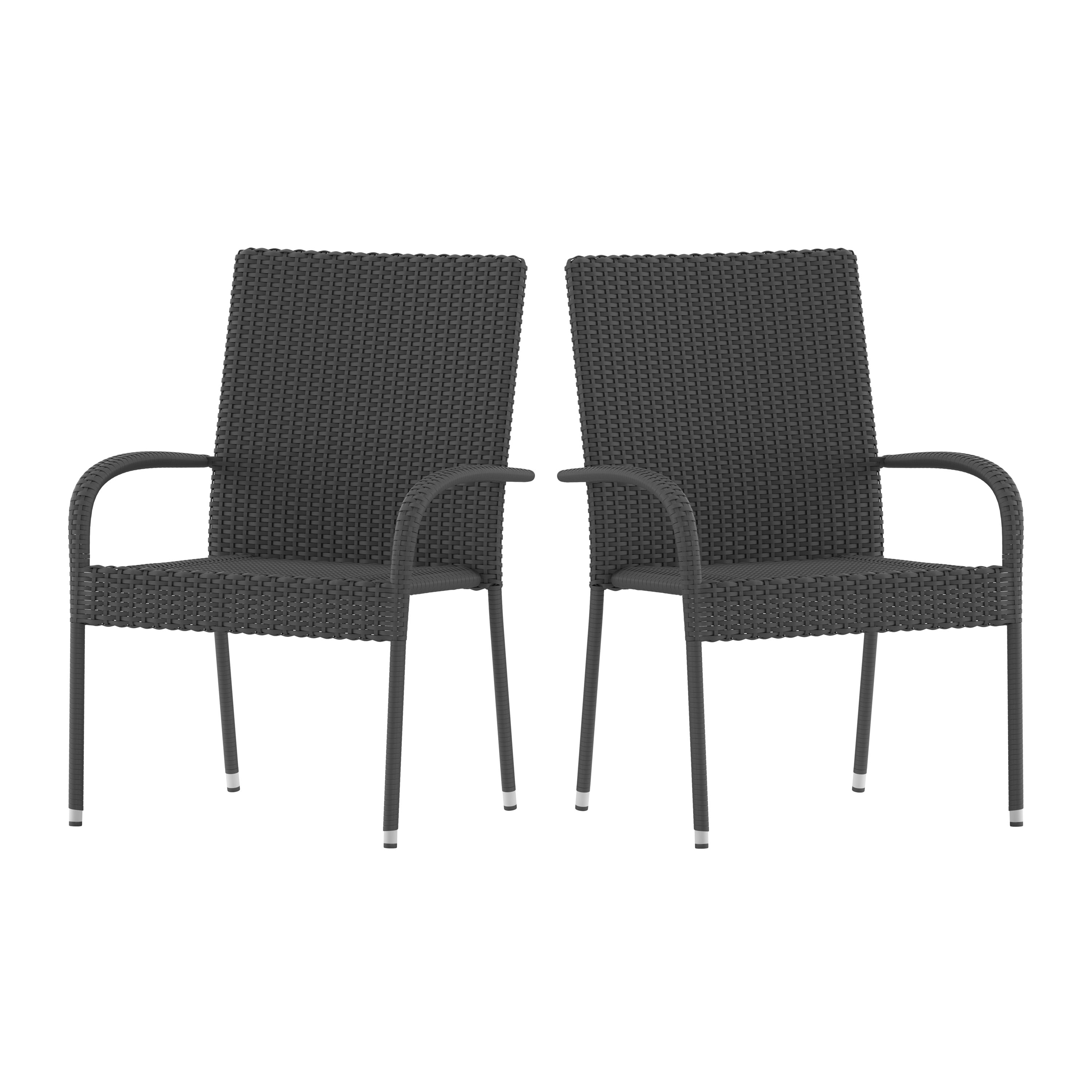 Flash Furniture Maxim Set of 2 Stackable Indoor/Outdoor Wicker Dining Chairs with Arms - Fade & Weather-Resistant Steel Frames - Gray