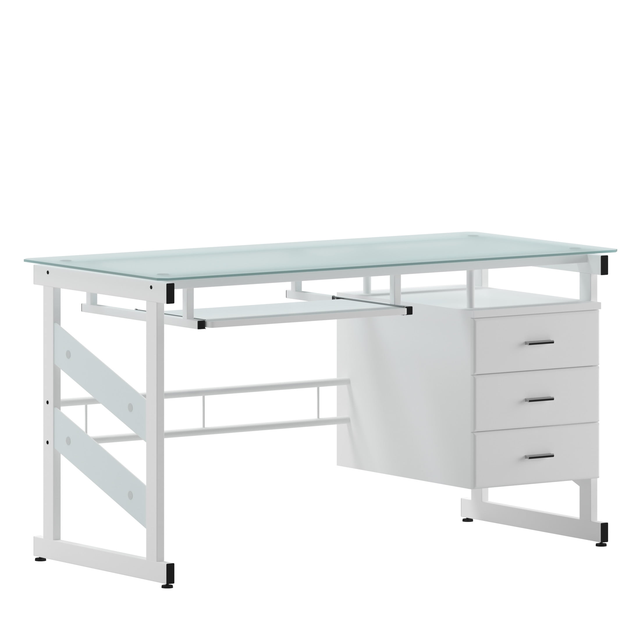 Flash Furniture Singleton White Computer Desk with Frosted Glass Top and Three Drawer Pedestal