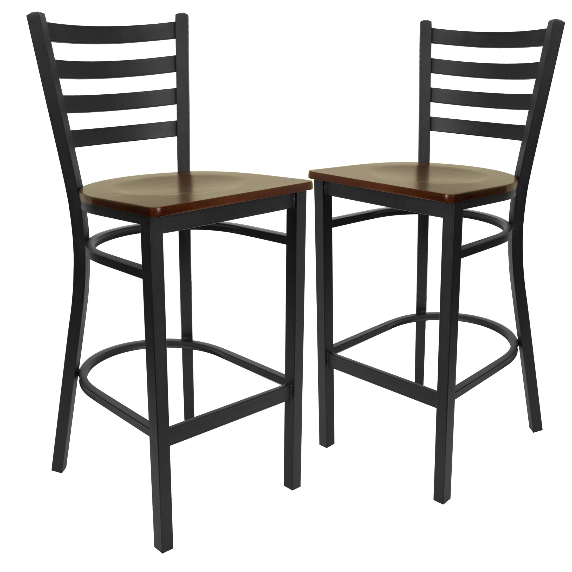 Flash Furniture 2 Pack HERCULES Series Black Ladder Back Metal Restaurant Barstool - Mahogany Wood Seat