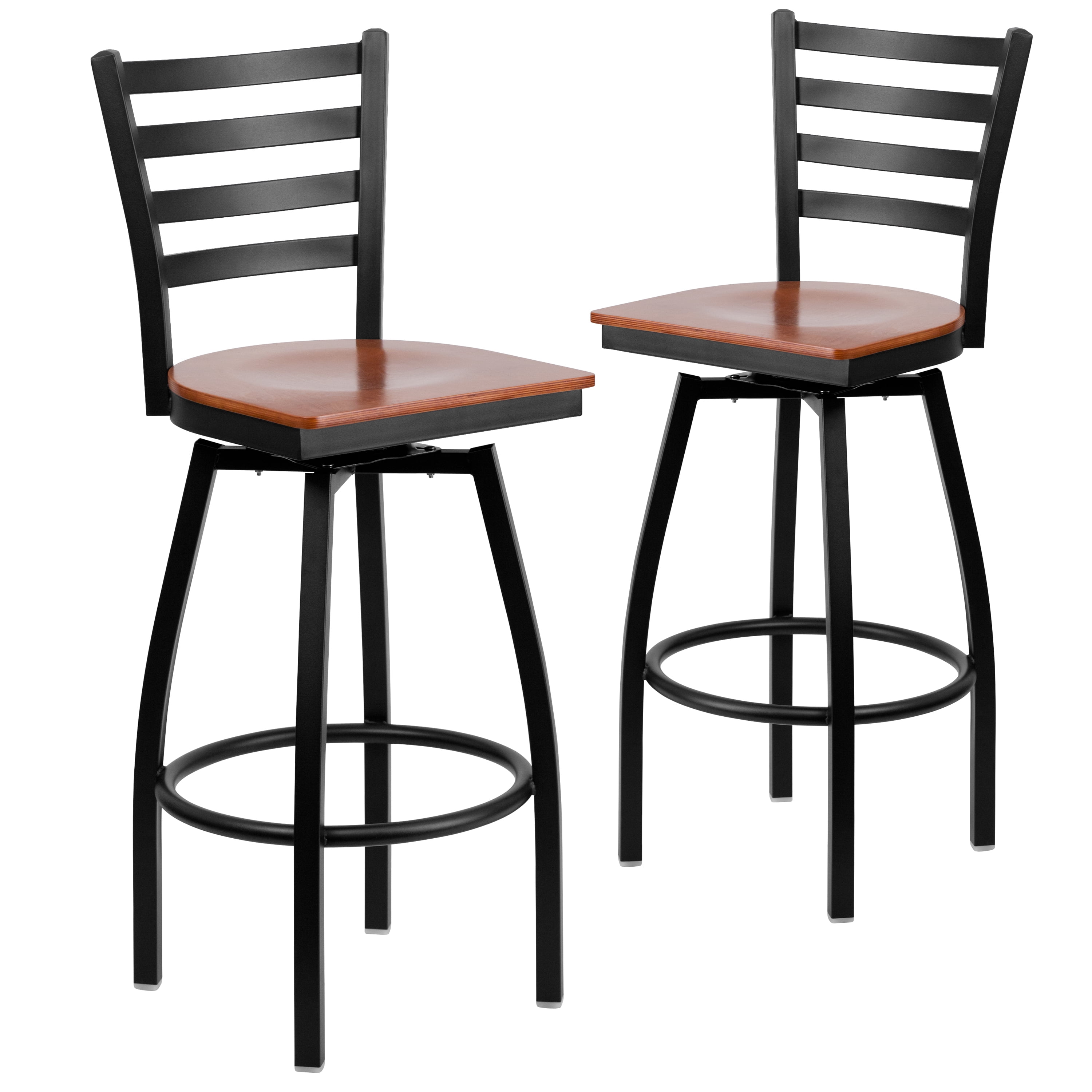 Flash Furniture 2 Pack HERCULES Series Black Ladder Back Swivel Metal Barstool - Cherry Wood Seat
