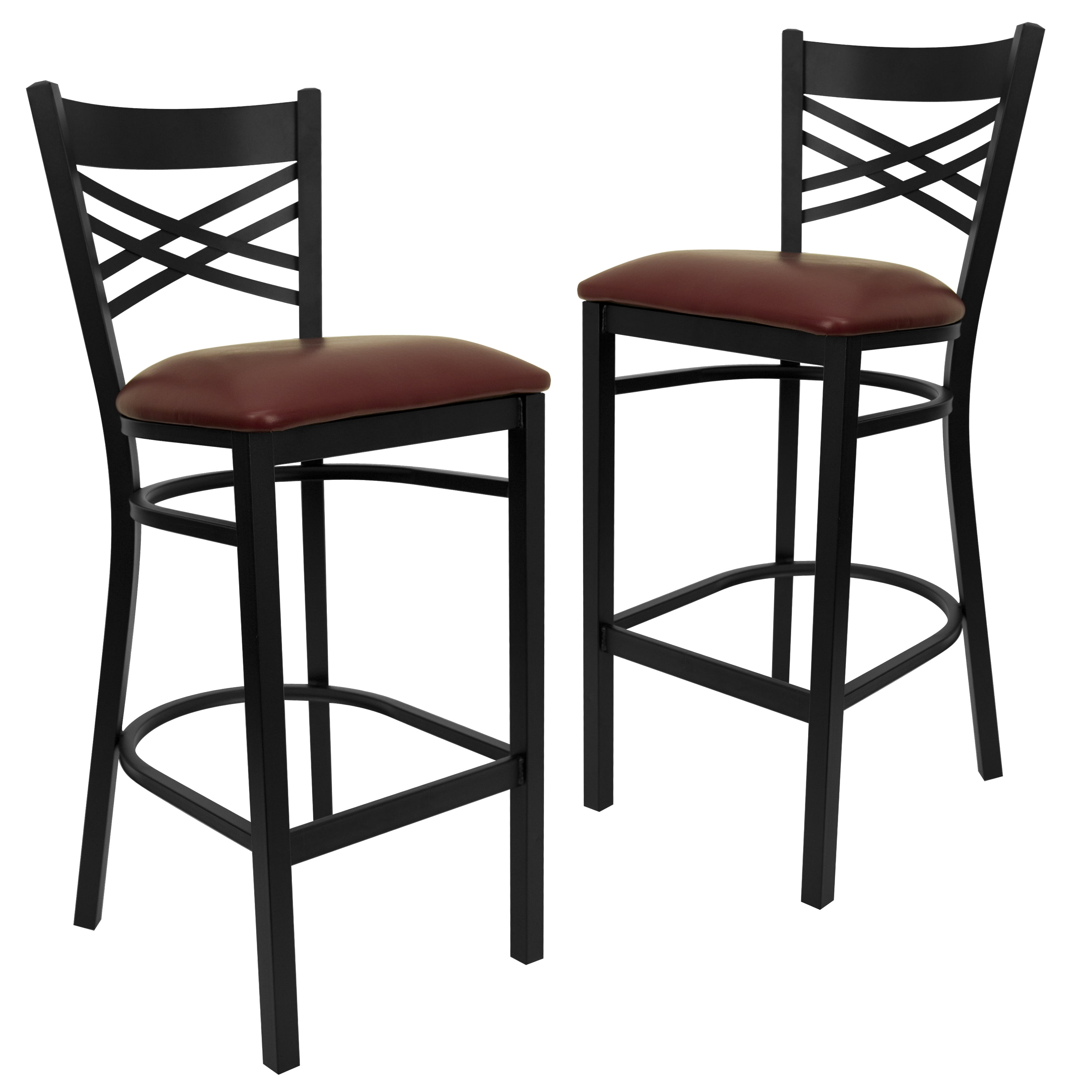 Flash Furniture 2 Pack HERCULES Series Black ''X'' Back Metal Restaurant Barstool - Burgundy Vinyl Seat